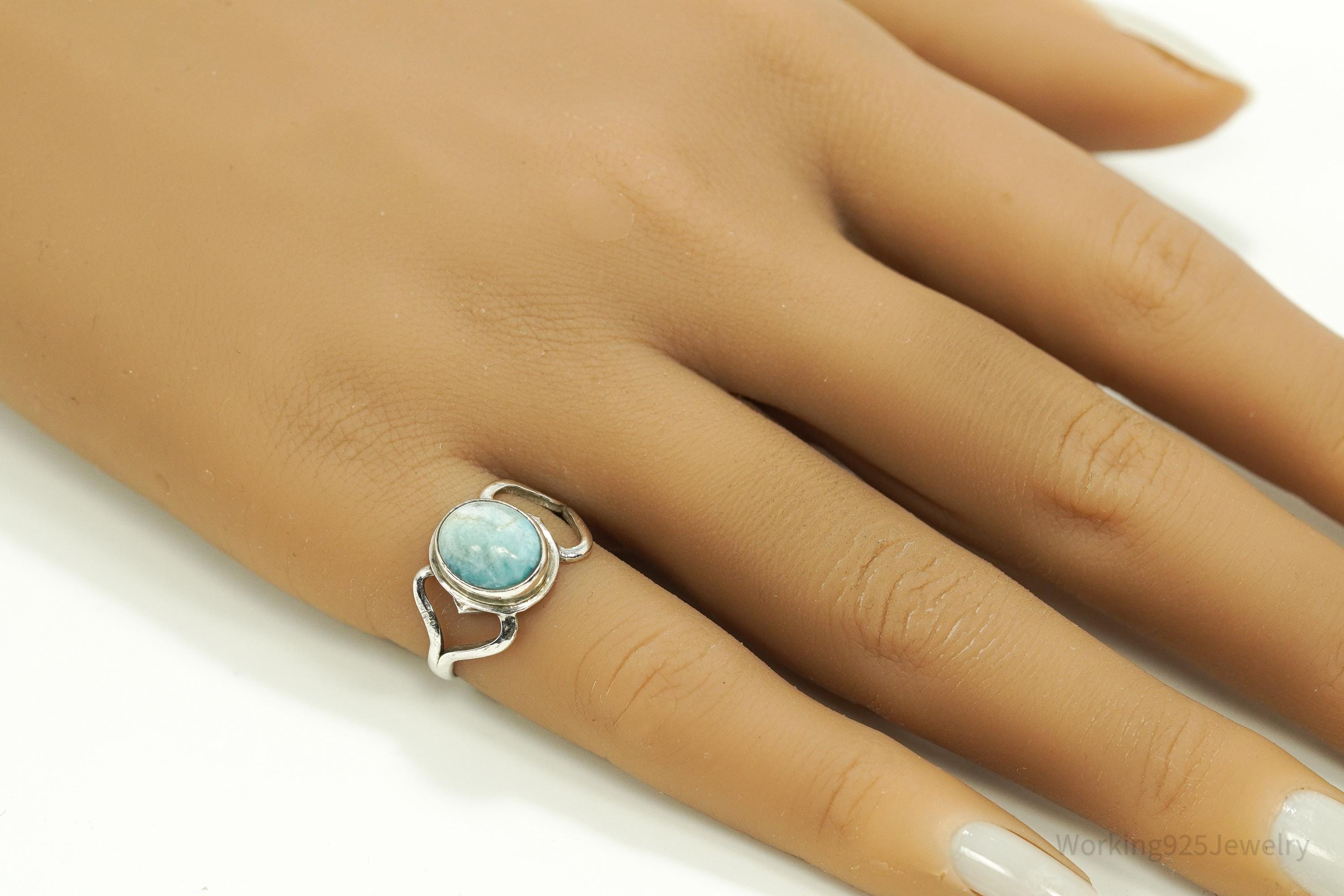 Vintage Blue Larimar Modernist Style Sterling Silver Ring - Size 6.25