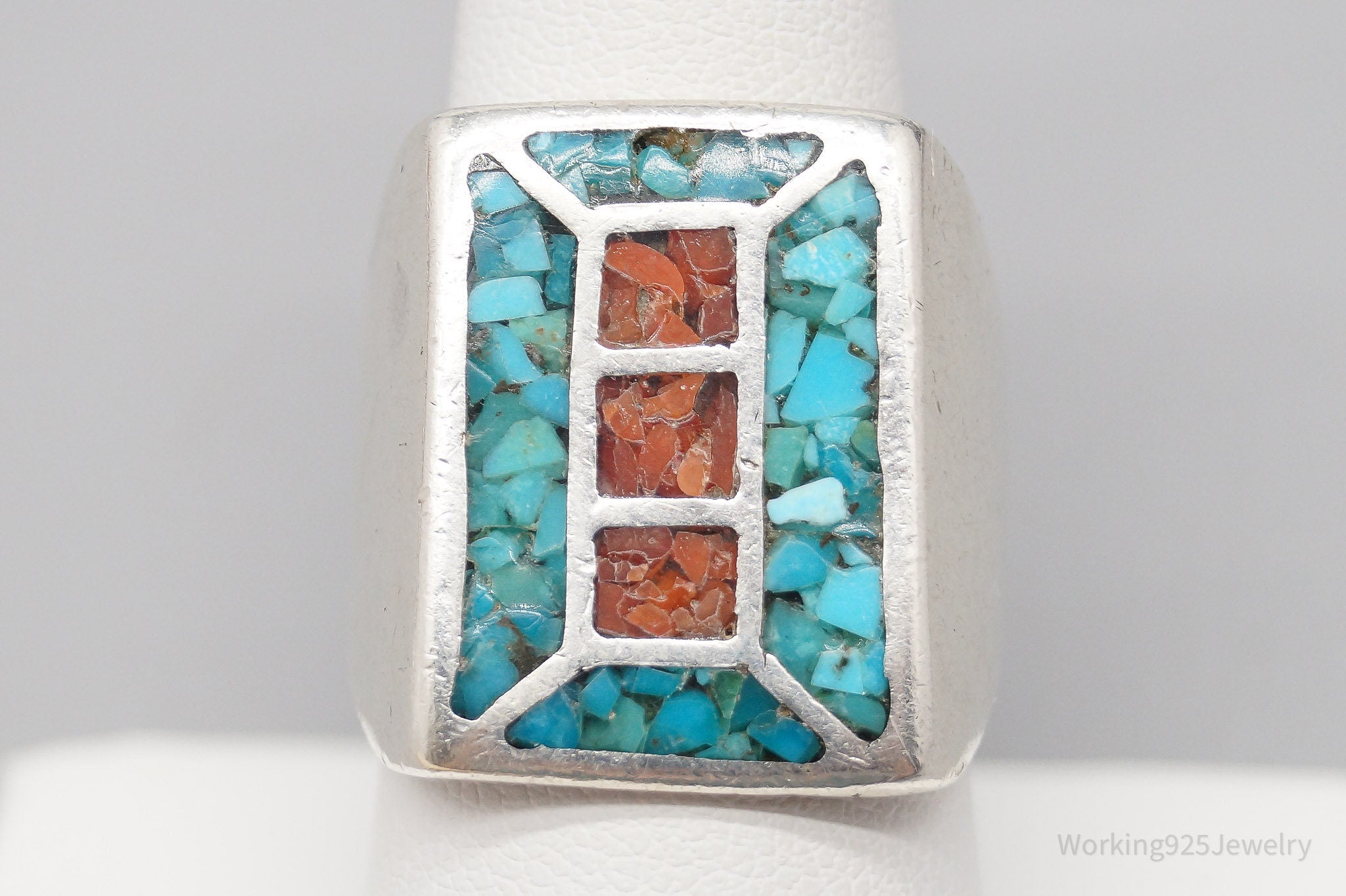 Vintage Native American Turquoise Coral Inlay Silver Ring - Size 8