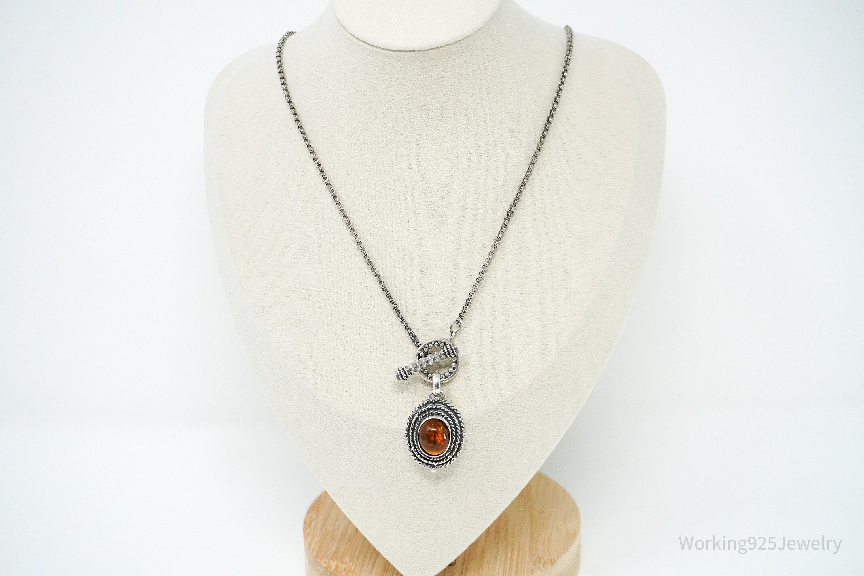 Vintage Amber Sterling Silver Toggle Necklace 18"