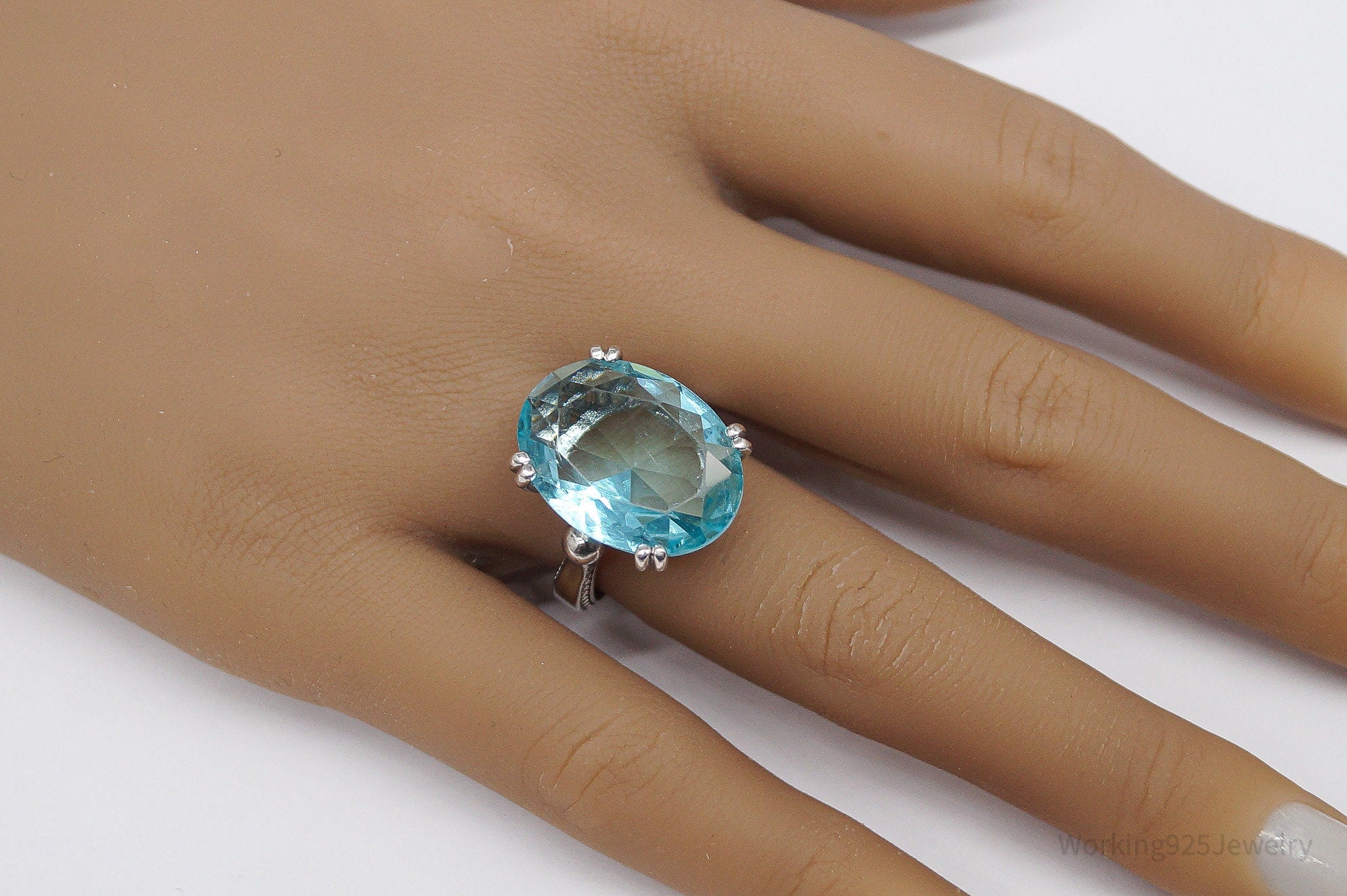 Vintage ATR Large Glass Faux Blue Topaz Sterling Silver Ring - Size 7.25
