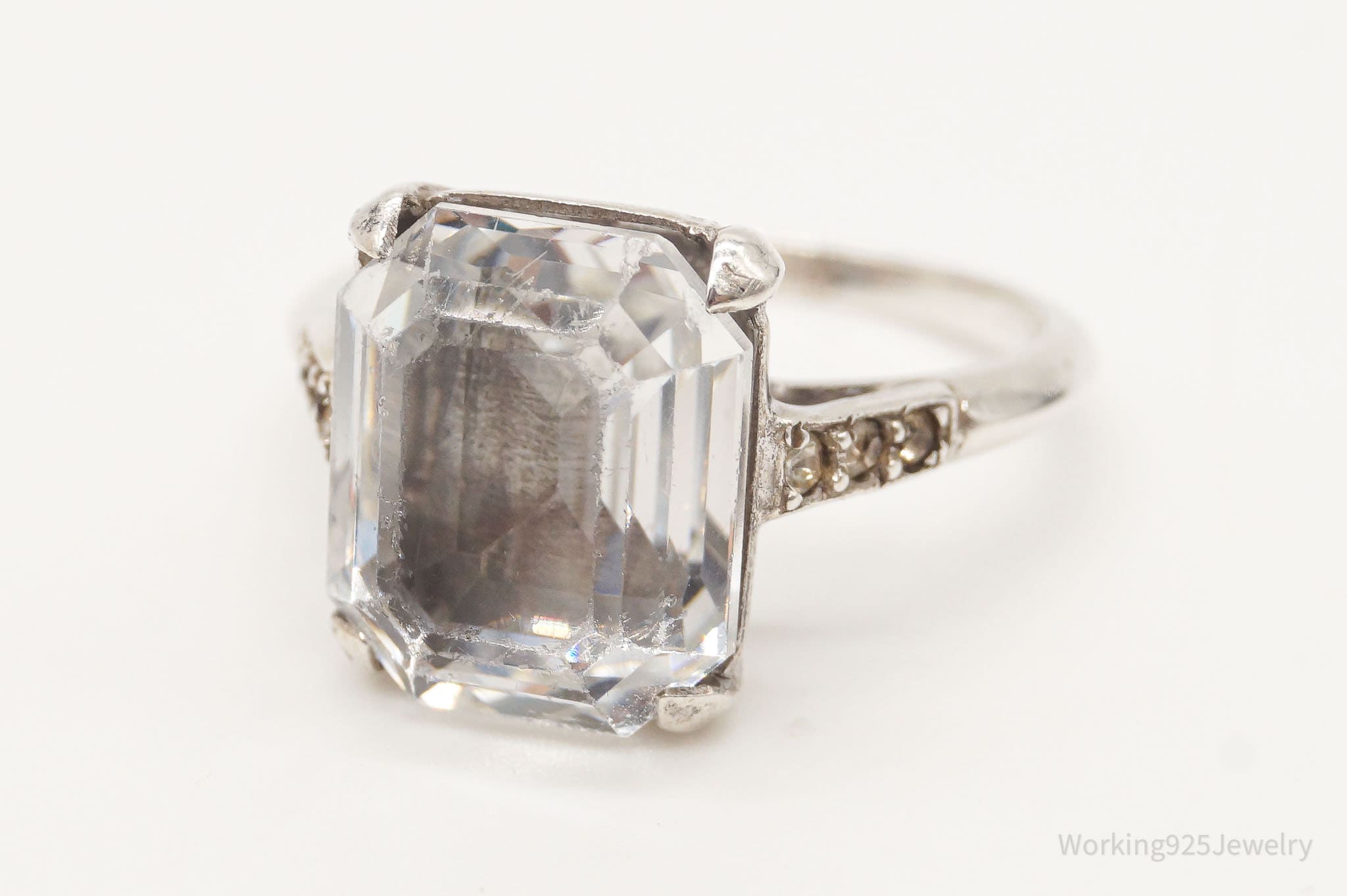 Antique Faux Diamond Glass Sterling Silver Ring - Size 6.75