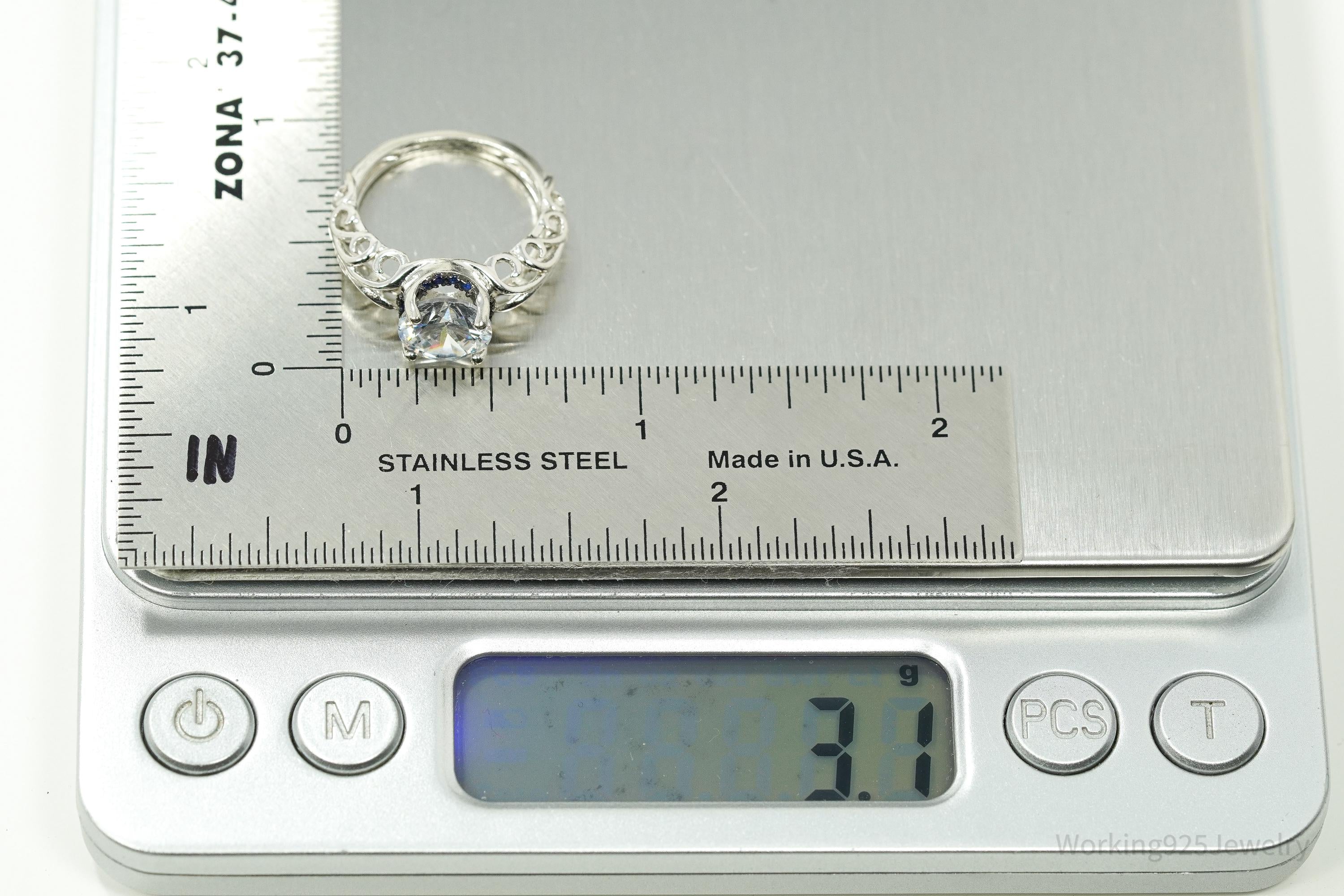 White Cubic Zirconia & Blue Spinel Sterling Silver Ring - Size 5