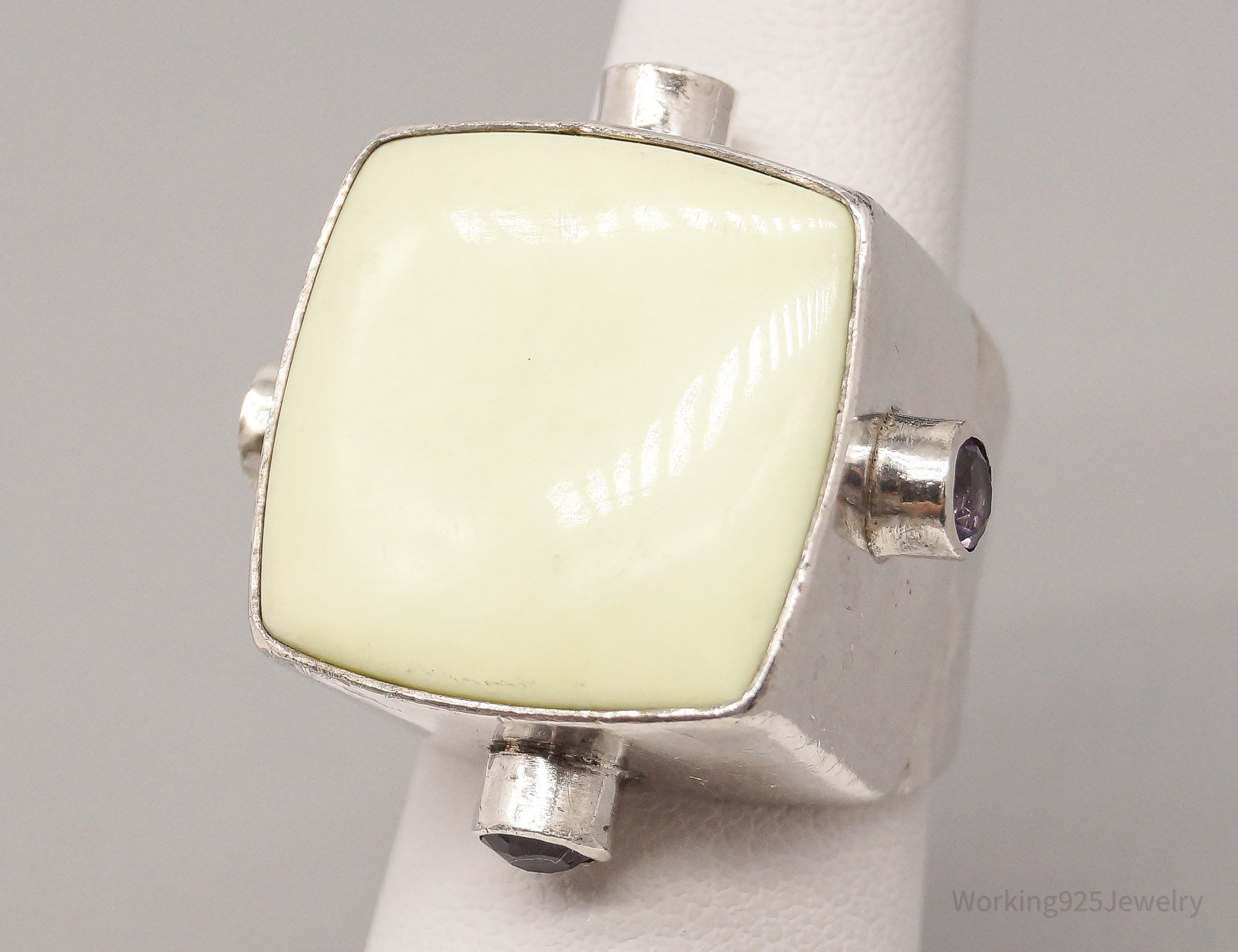 Vintage Lemon Chrysoprase & Amethyst Sterling Silver Ring - Size 6.75