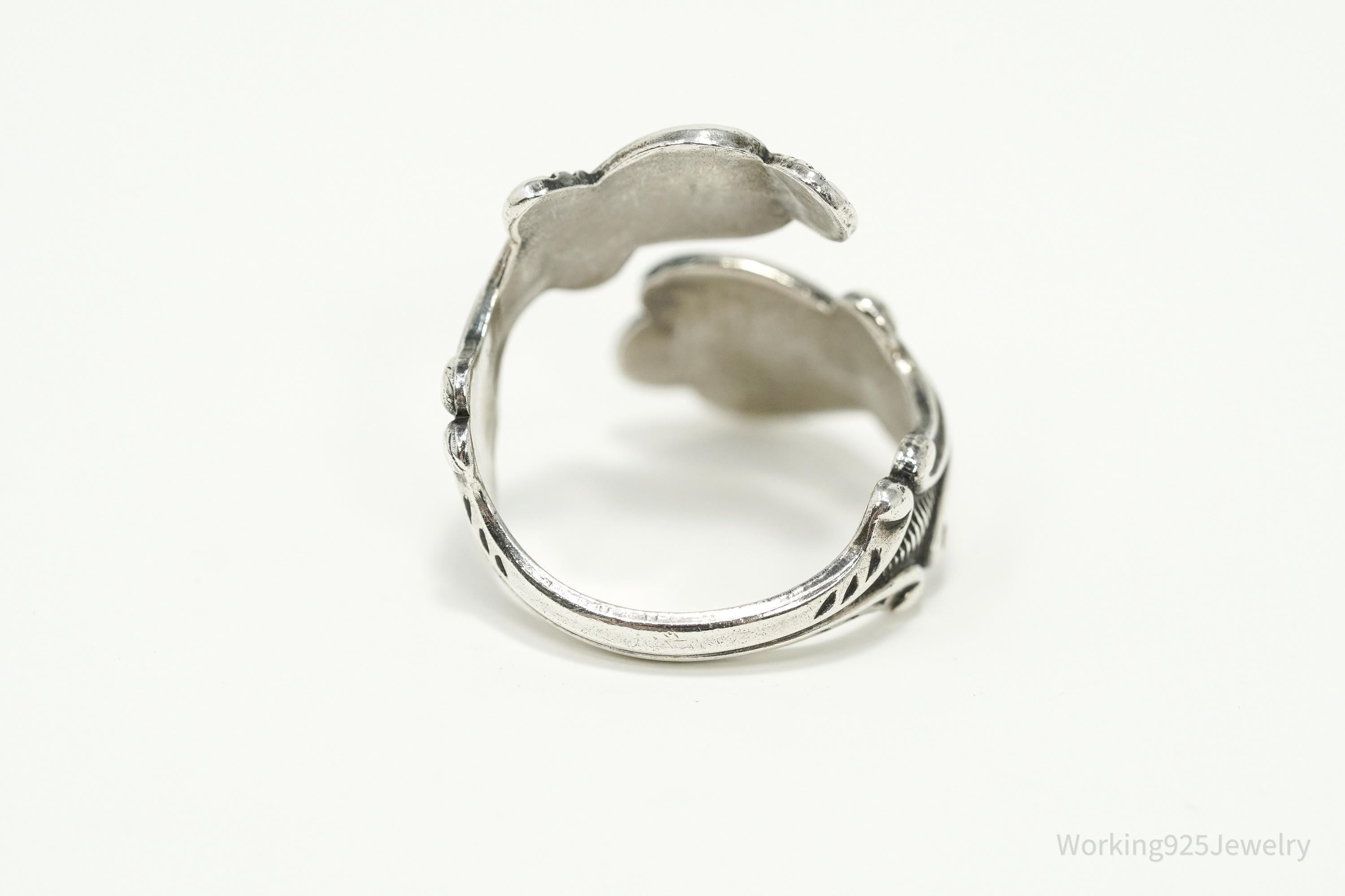 Vintage Avon Hearts & Flowers Sterling Silver Adjustable Wrap Spoon Ring - Size 7.5
