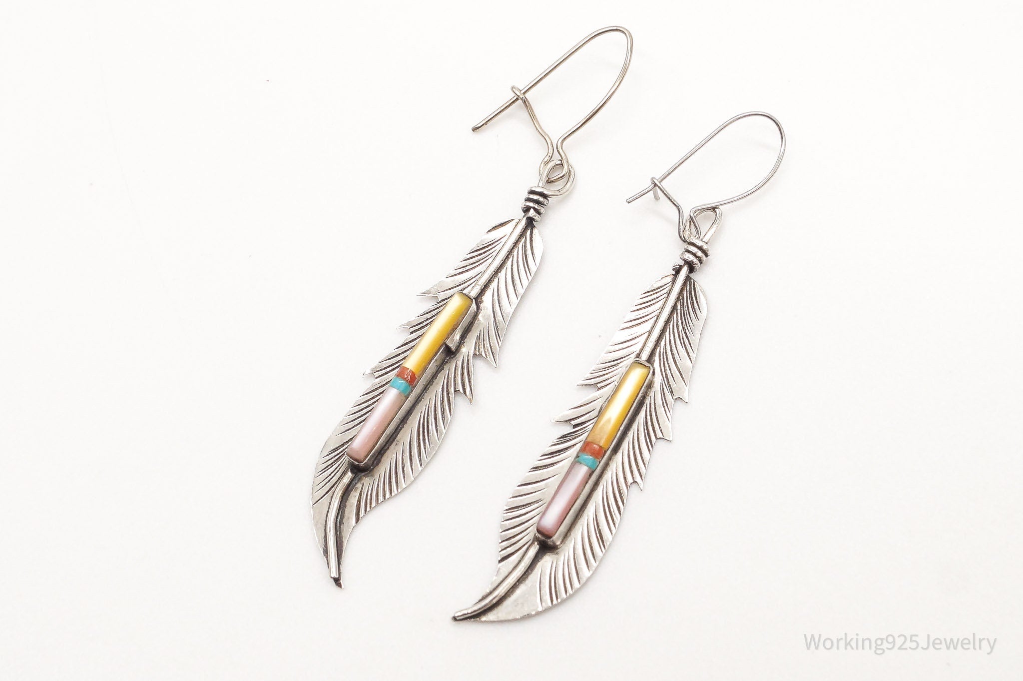 Vintage Native American Multi Gemstone Silver Feather Earrings