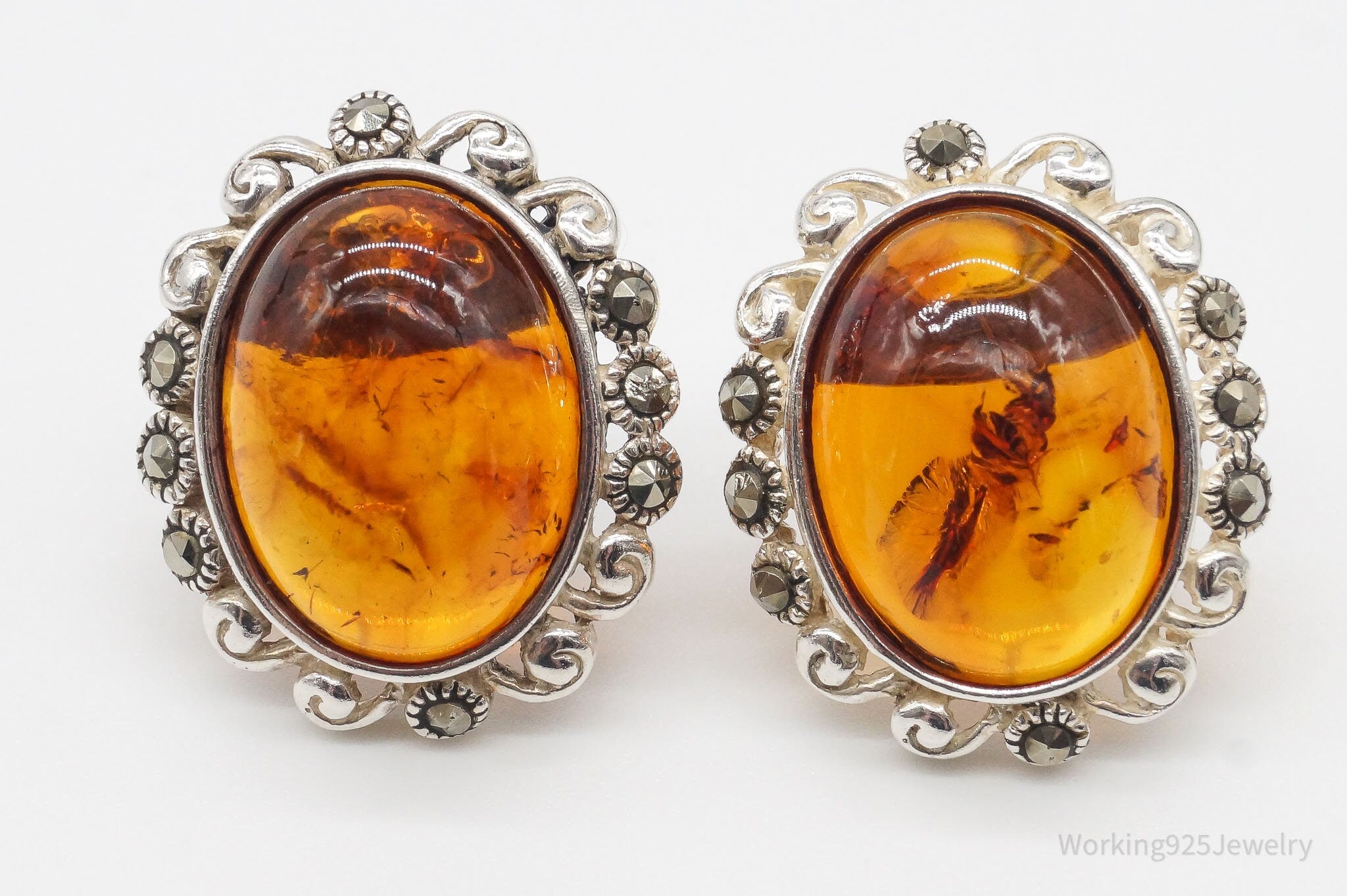 Vintage Amber Marcasite Sterling Silver Earrings