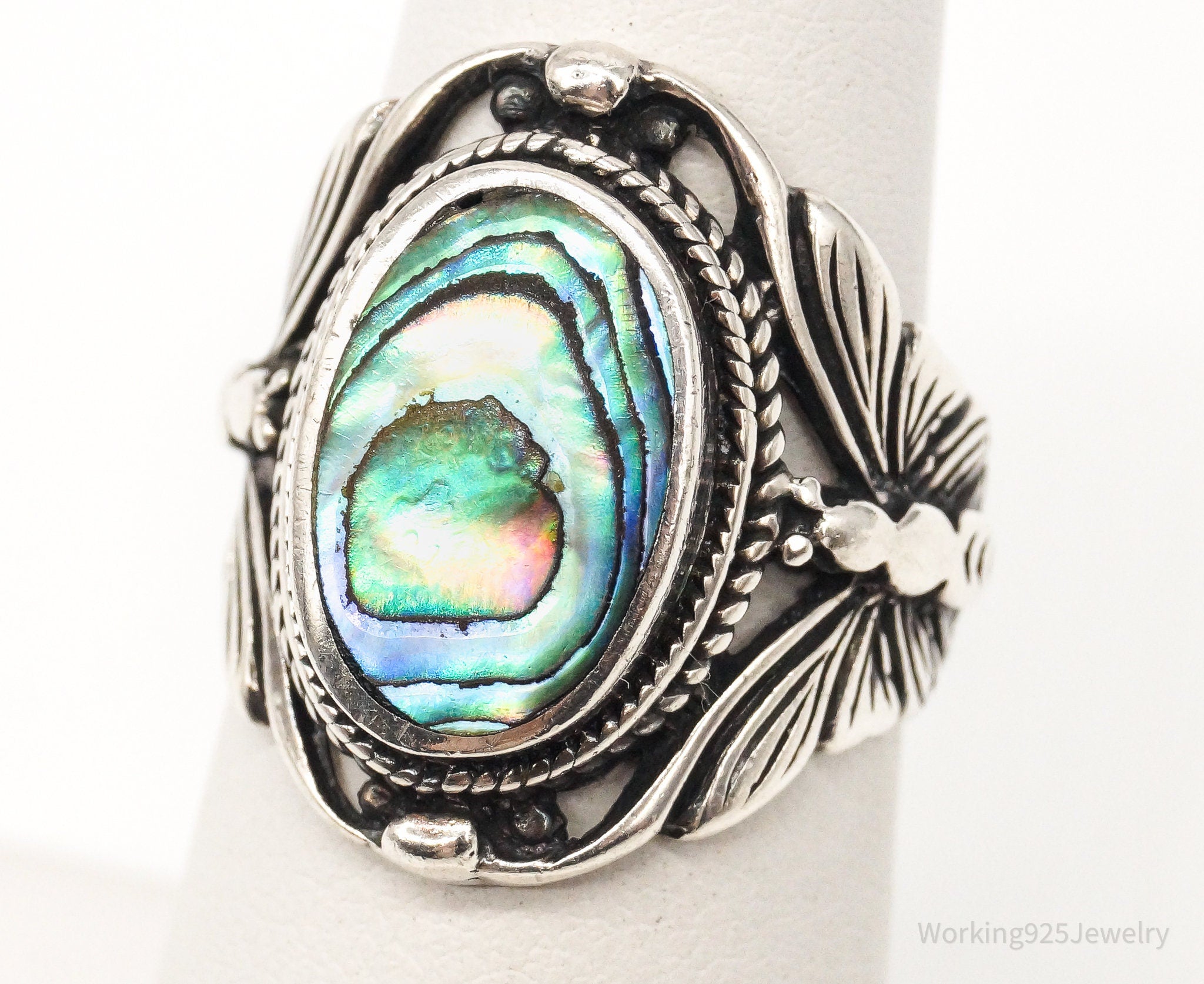 Vintage Paua Abalone Shell Butterflies Sterling Silver Ring - Size 5.75