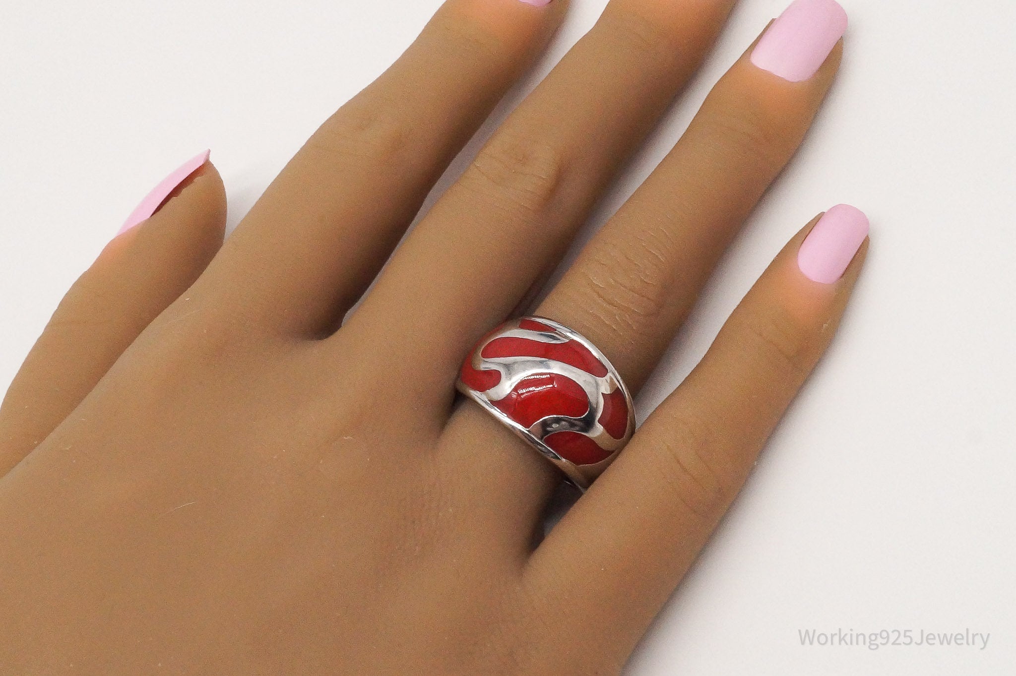 Vintage Red Enamel Sterling Silver Ring - Size 8.5