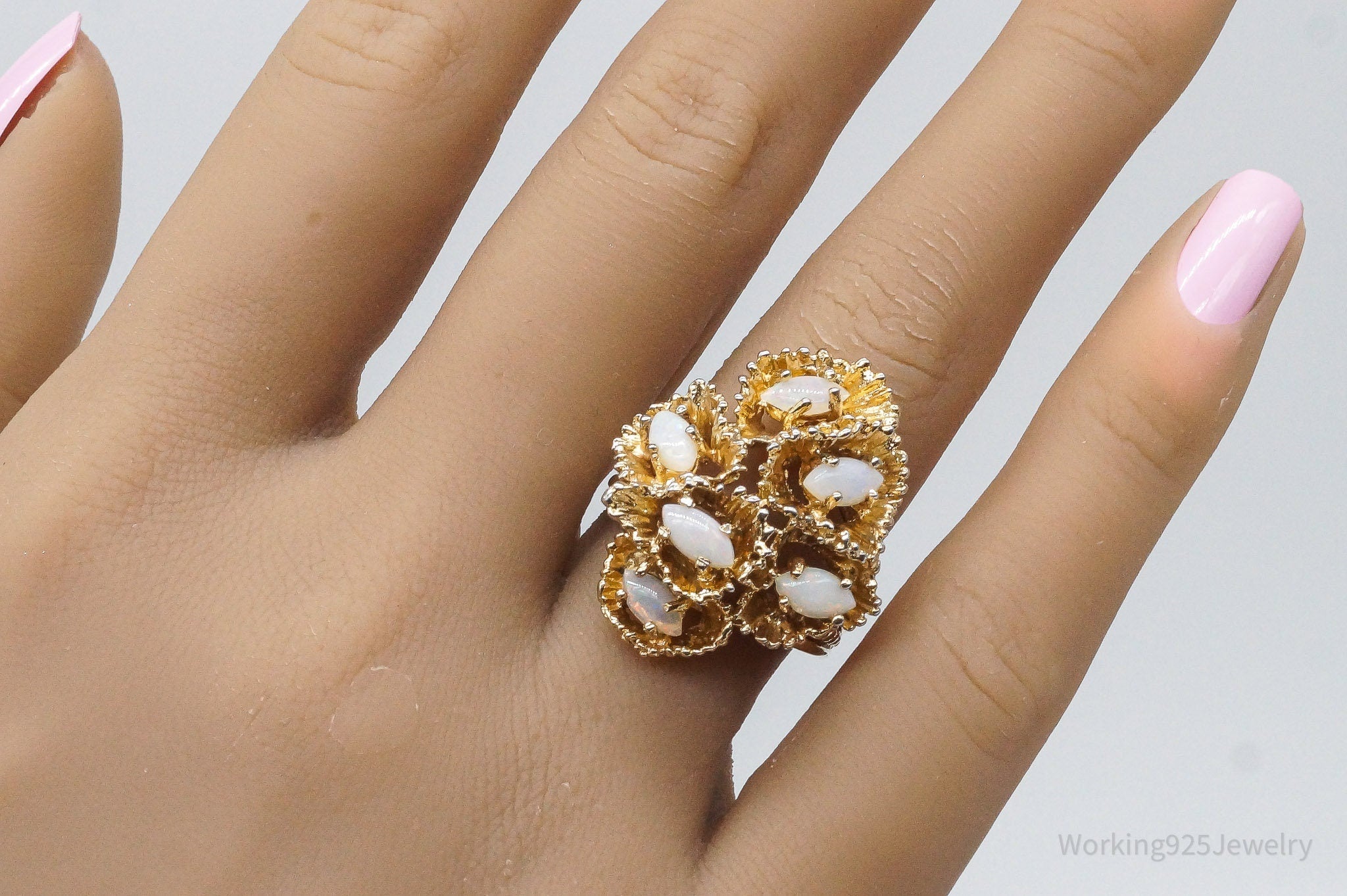 Vintage Designer ESPO White Opal Gold Vermeil Sterling Silver Ring - SZ 7.75