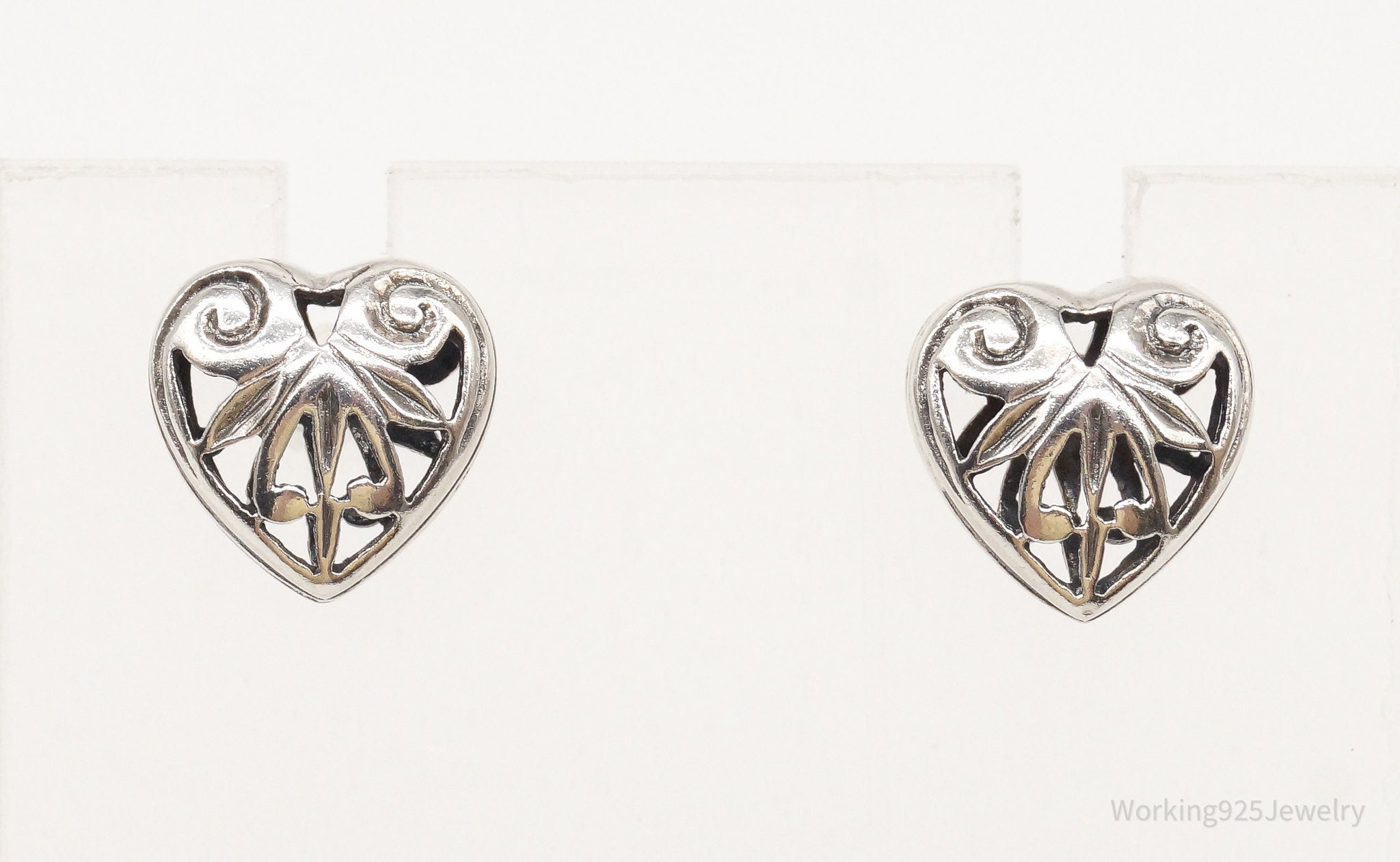 Vintage Openwork Bali Hearts Silver Stud Earrings