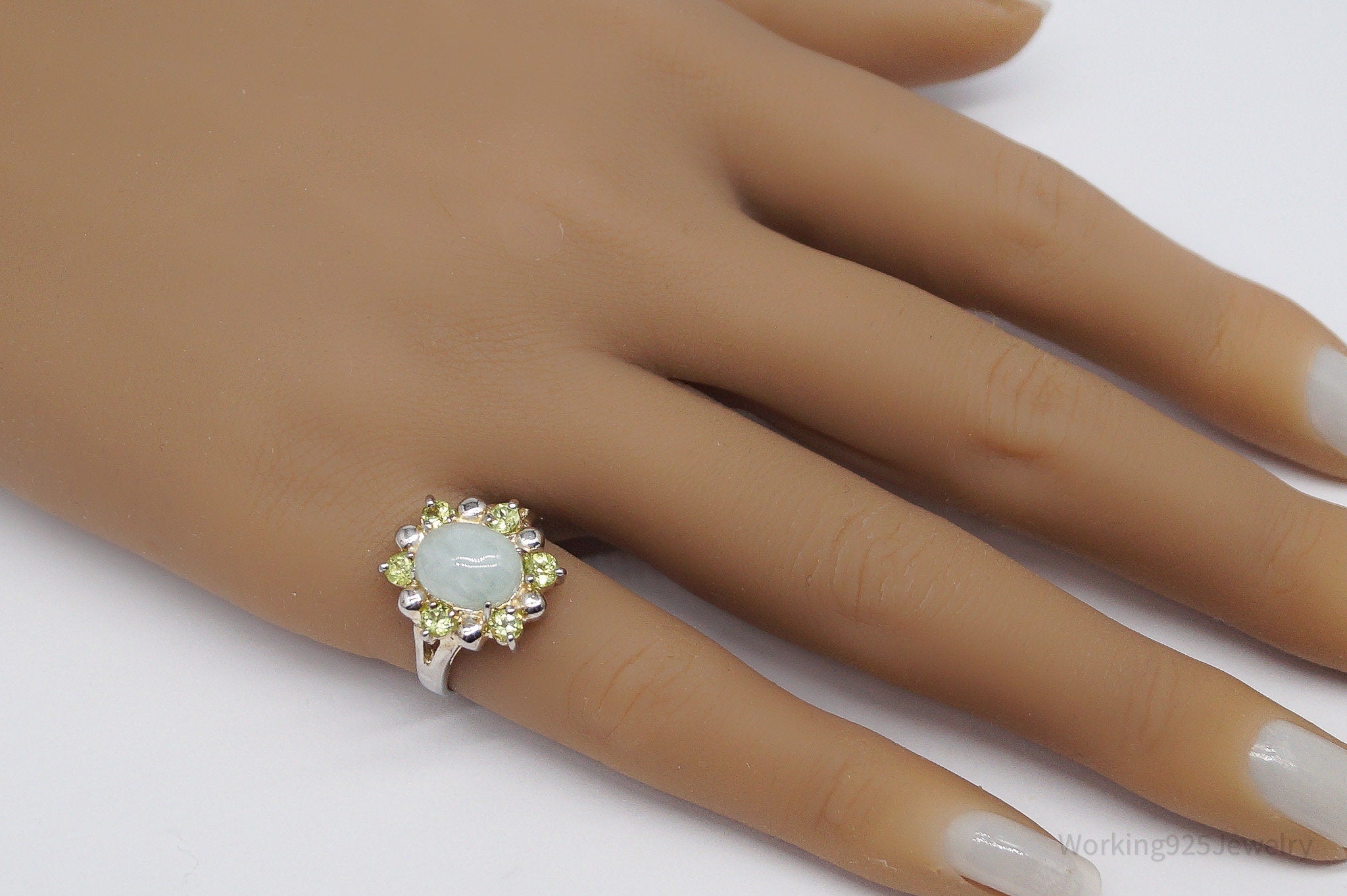 Vintage Green Jade & Peridot Sterling Silver Ring - Size 6