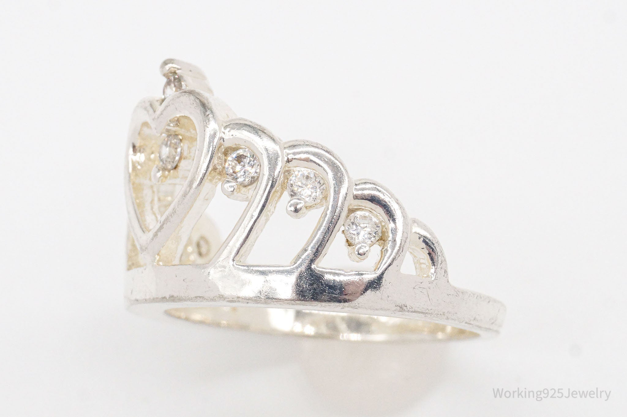 Vintage Cubic Zirconia Princess Tiara Crown Sterling Silver Ring - Size 7.75