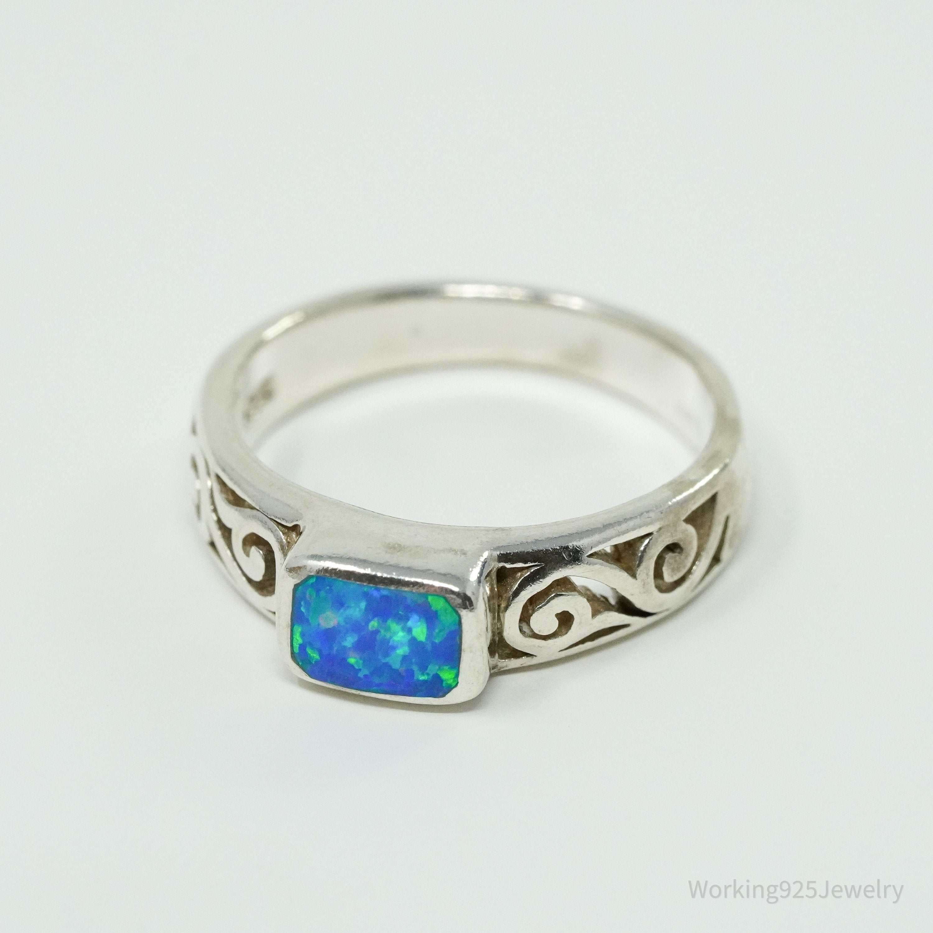 Vintage Lab Opal Sterling Silver Ring - Size 7.25