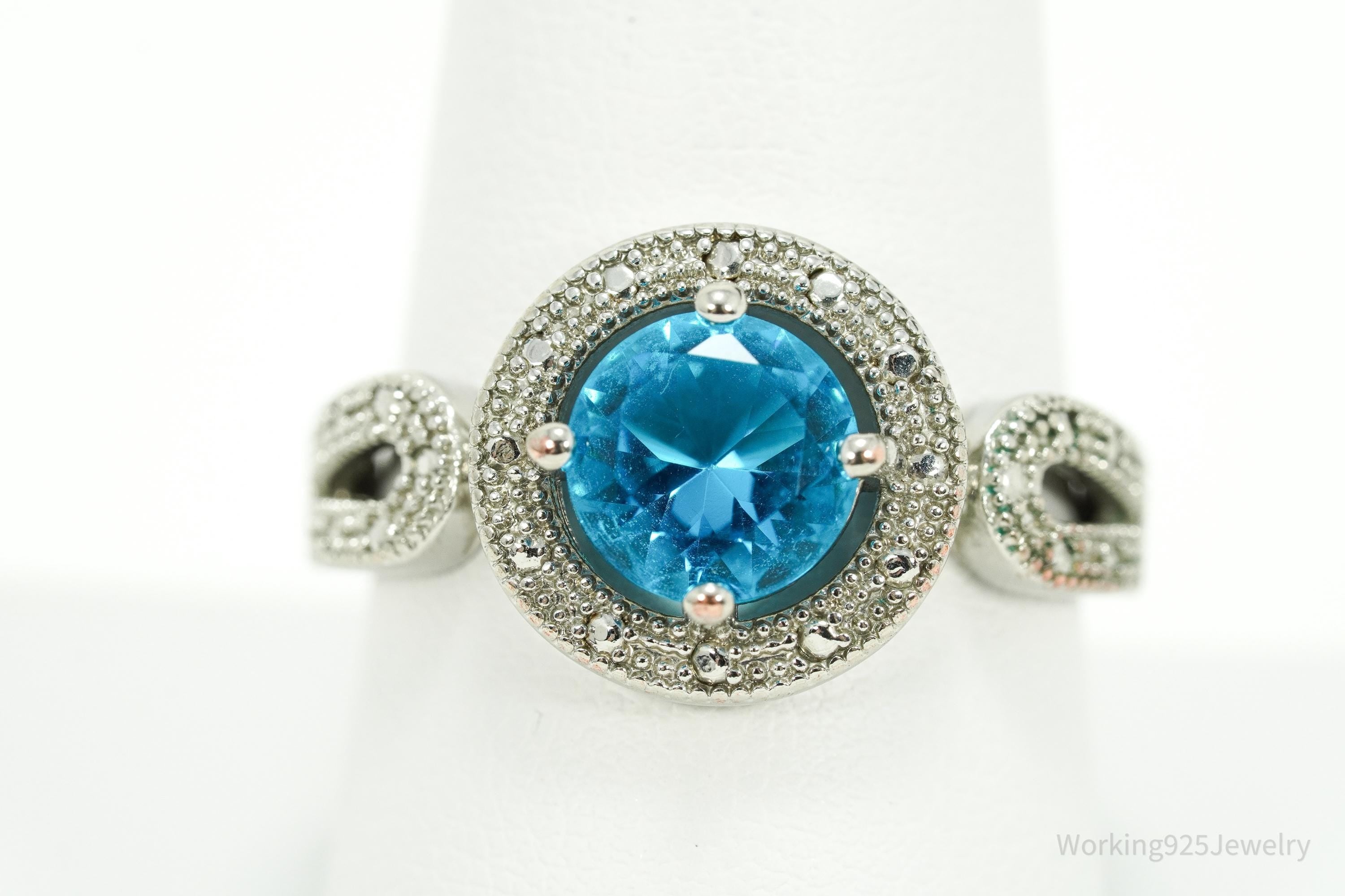 Vintage Faux Blue Topaz Sterling Silver Plated Ring - Size 9.25