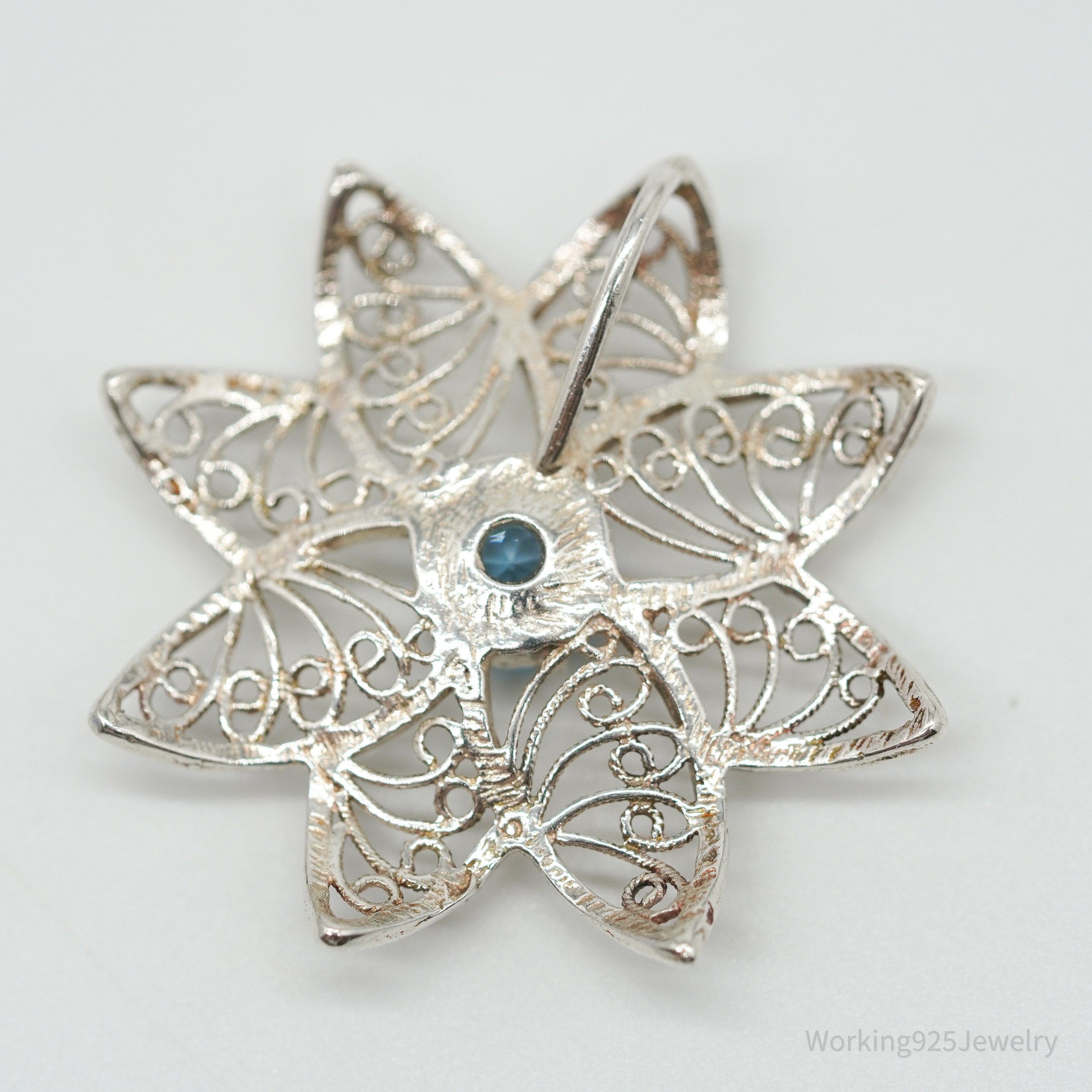 Vintage Ornate Blue Topaz Flower Sterling Silver Necklace Pendant