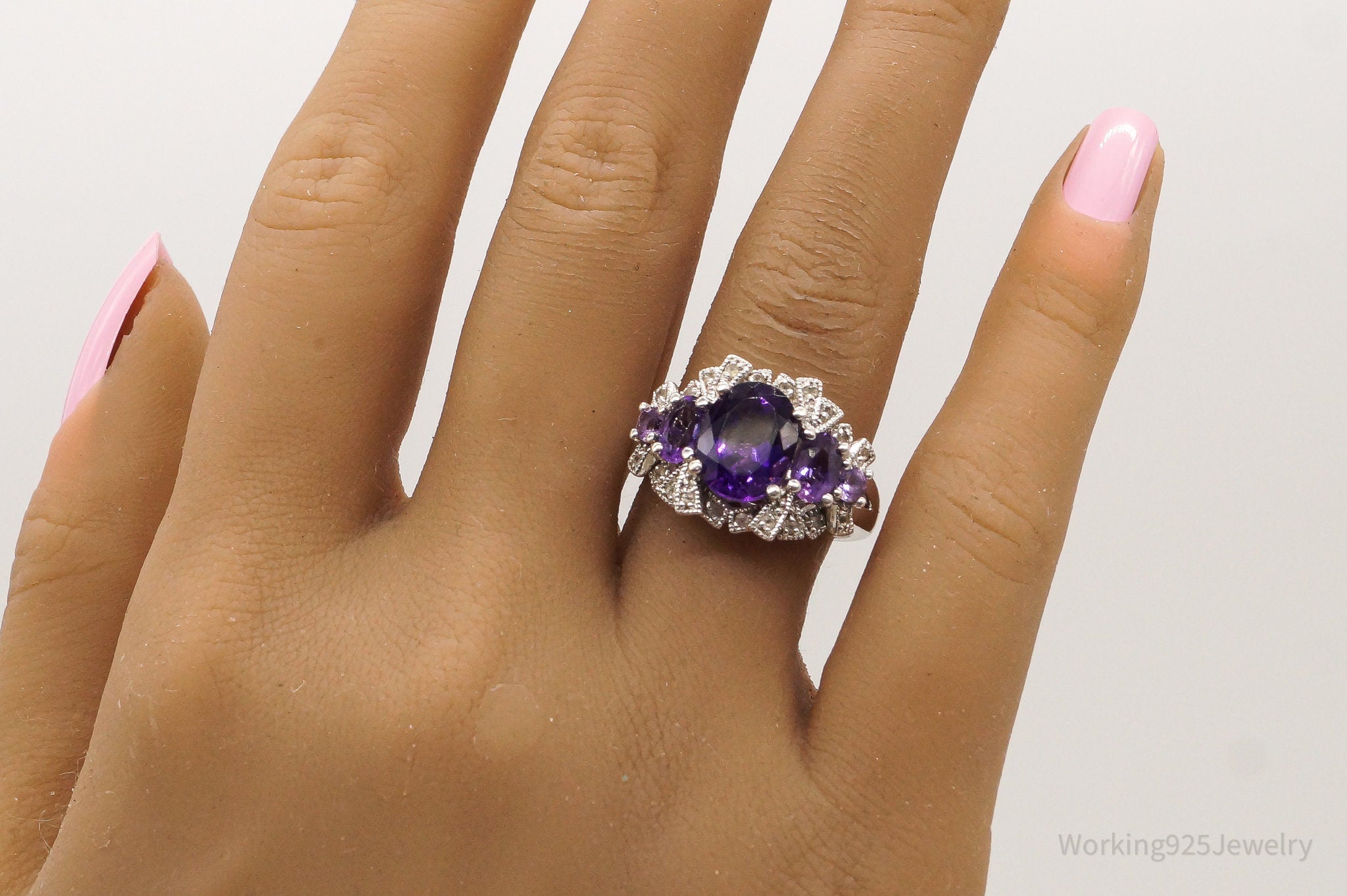 Vintage Amethyst Cubic Zirconia Sterling Silver Ring - Size 7.75