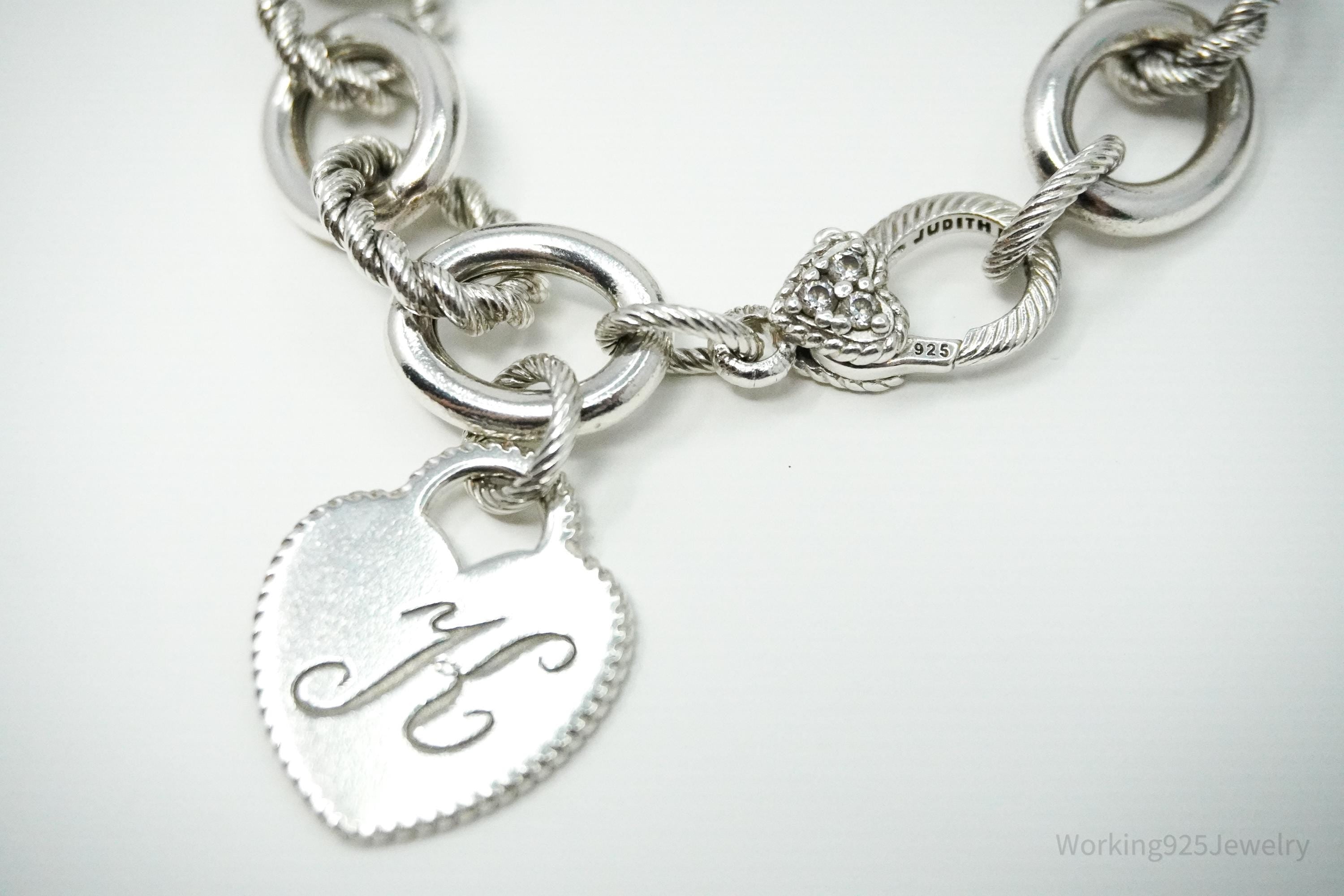 VTG Designer Judith Ripka Cubic Zirconia K Heart Tag Sterling Silver Bracelet 7 5/8"