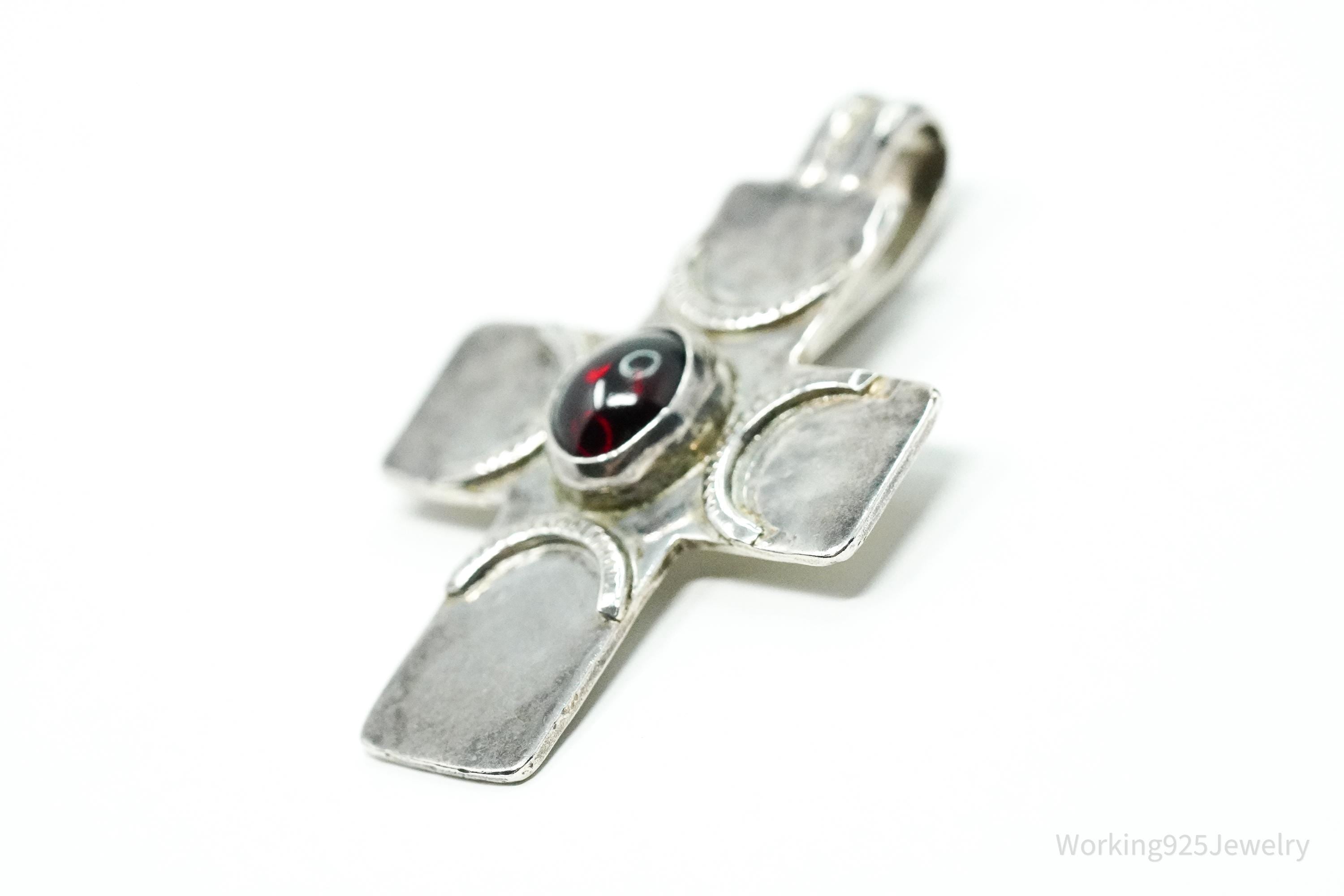 Large Vintage Rhodolite Garnet Silver Cross Pendant