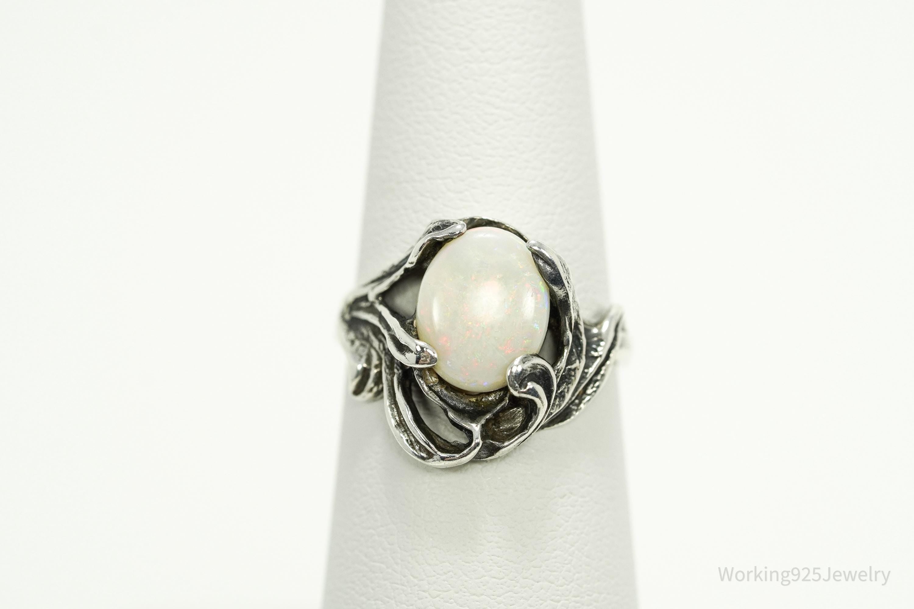 Vintage Opal Brutalist Style Silver Ring - Size 6.25