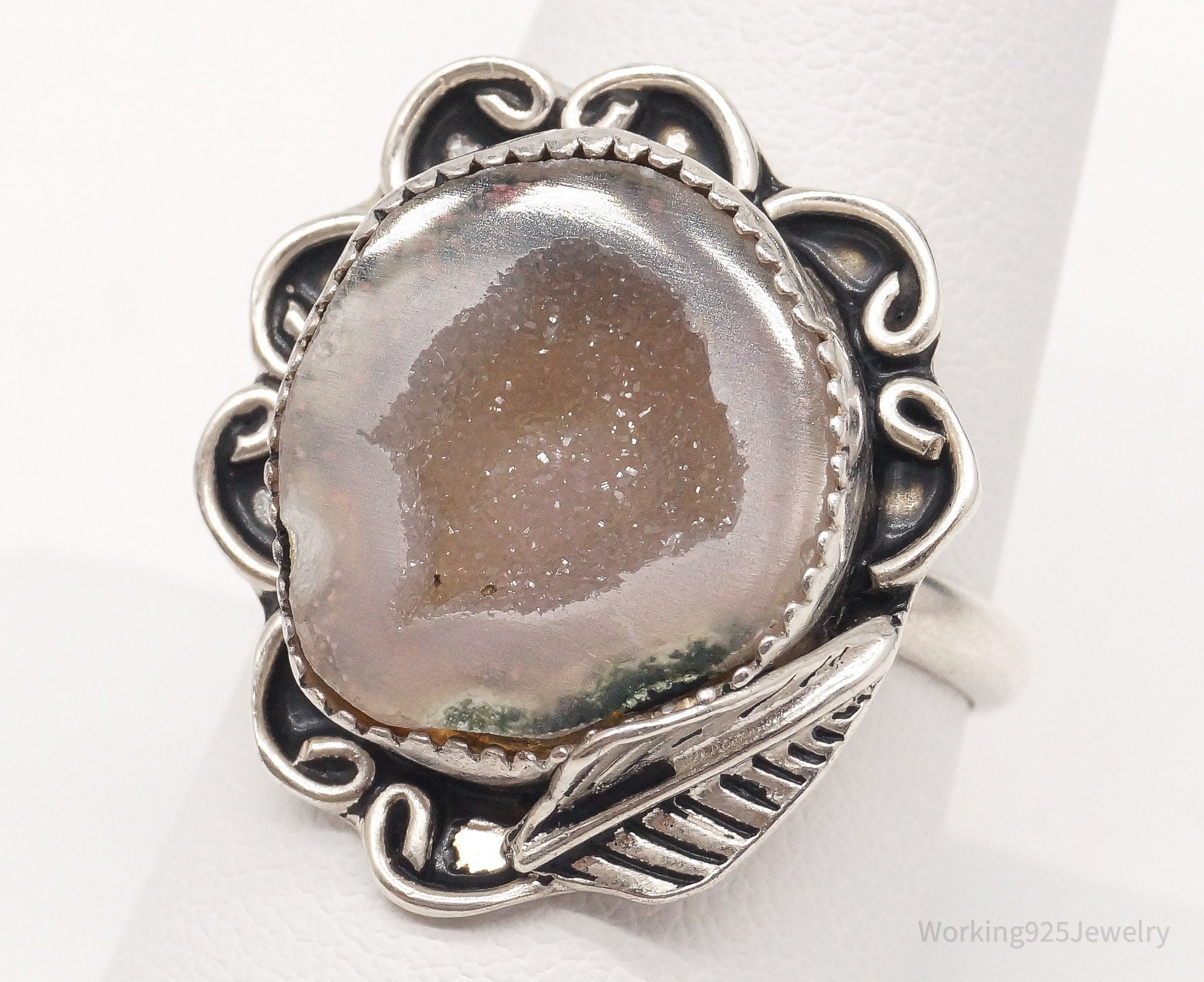 Vintage Druzy Agate Sterling Silver Ring - Size 9.5 Adjustable