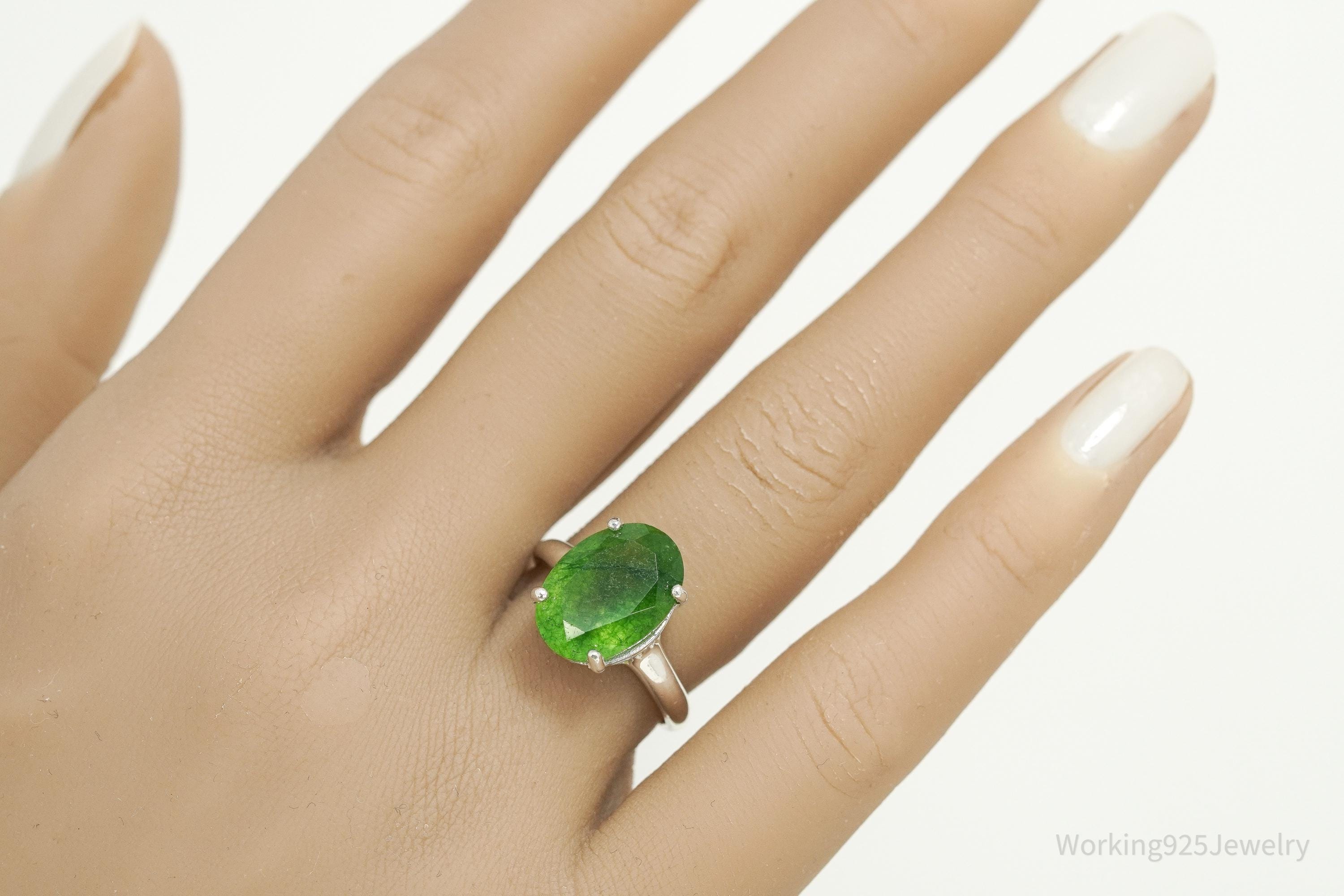 Vintage Oval Solitaire Emerald Sterling Silver Cocktail Ring – Size 7.25