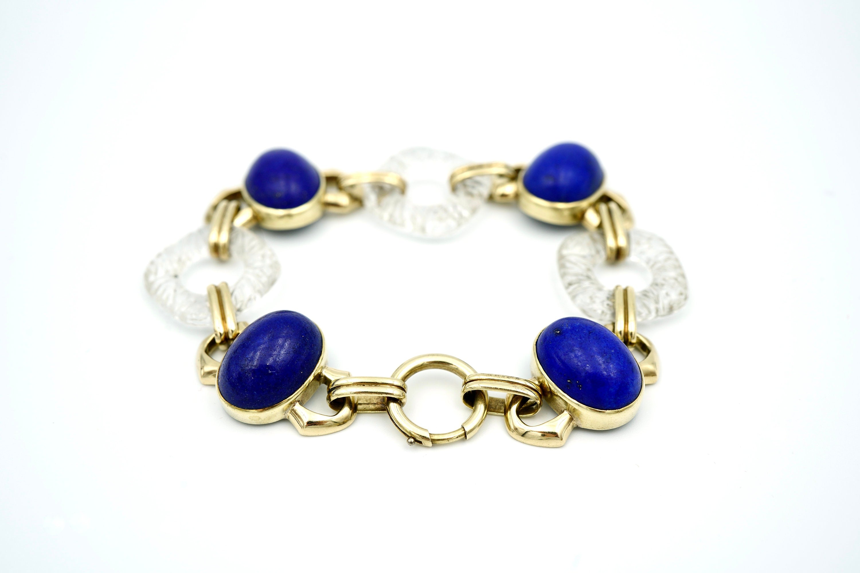 Vintage 14k Yellow Gold Lapis Lazuli & Rock Crystal Quartz Bracelet