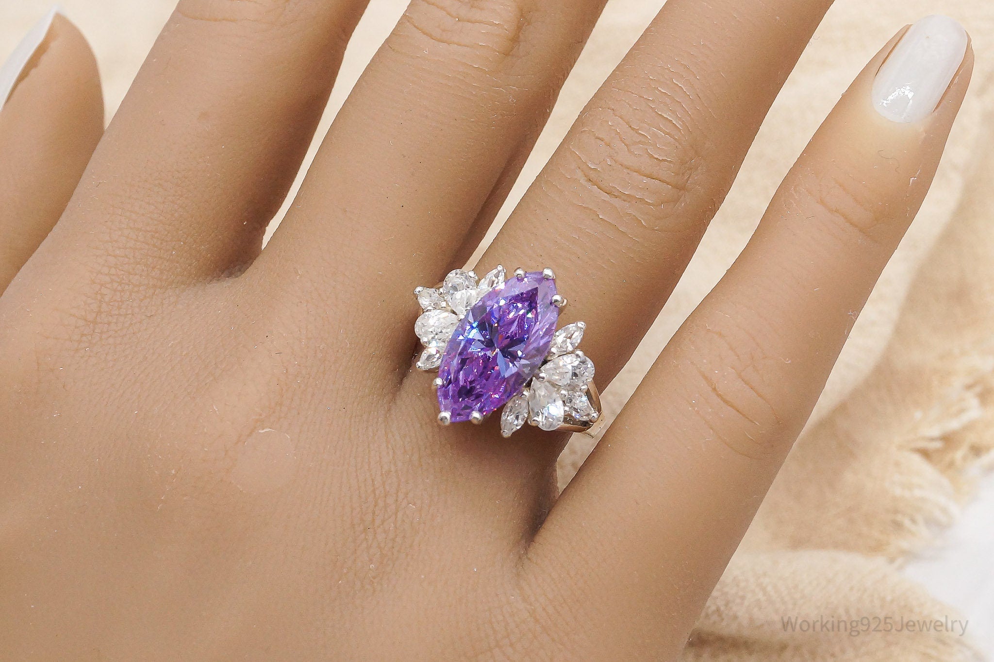 Vintage Purple & White Cubic Zirconia Sterling Silver Statement Ring - Size 7.75