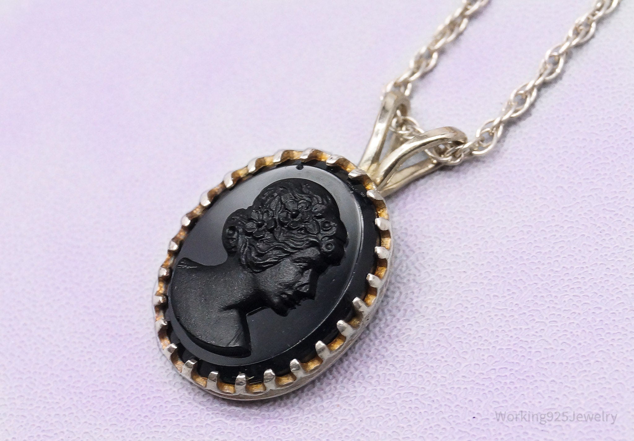 Vintage Carved Woman Black Cameo Sterling Silver Necklace 17"