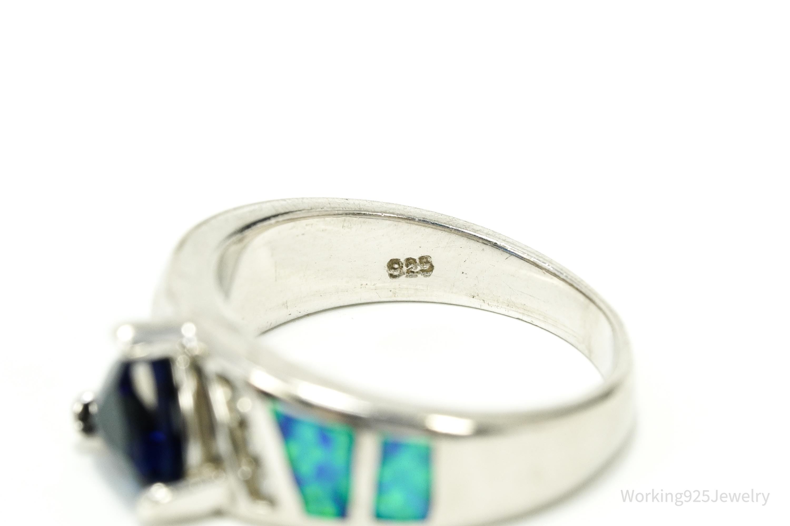 Vintage Lab Created Sapphire Cubic Zirconia Opal Sterling Silver Ring - Size 7.75