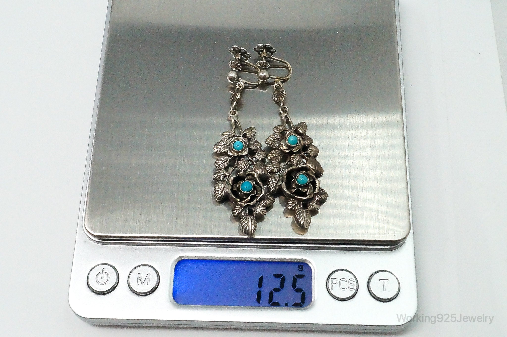 Vintage Screw Back Turquoise Flowers Long 800 Silver Earrings