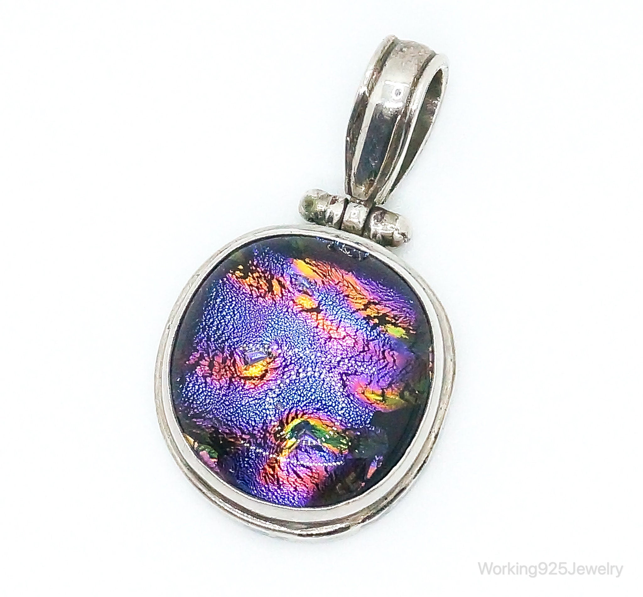 Vintage Large Dichroic Glass Sterling Silver Necklace Pendant