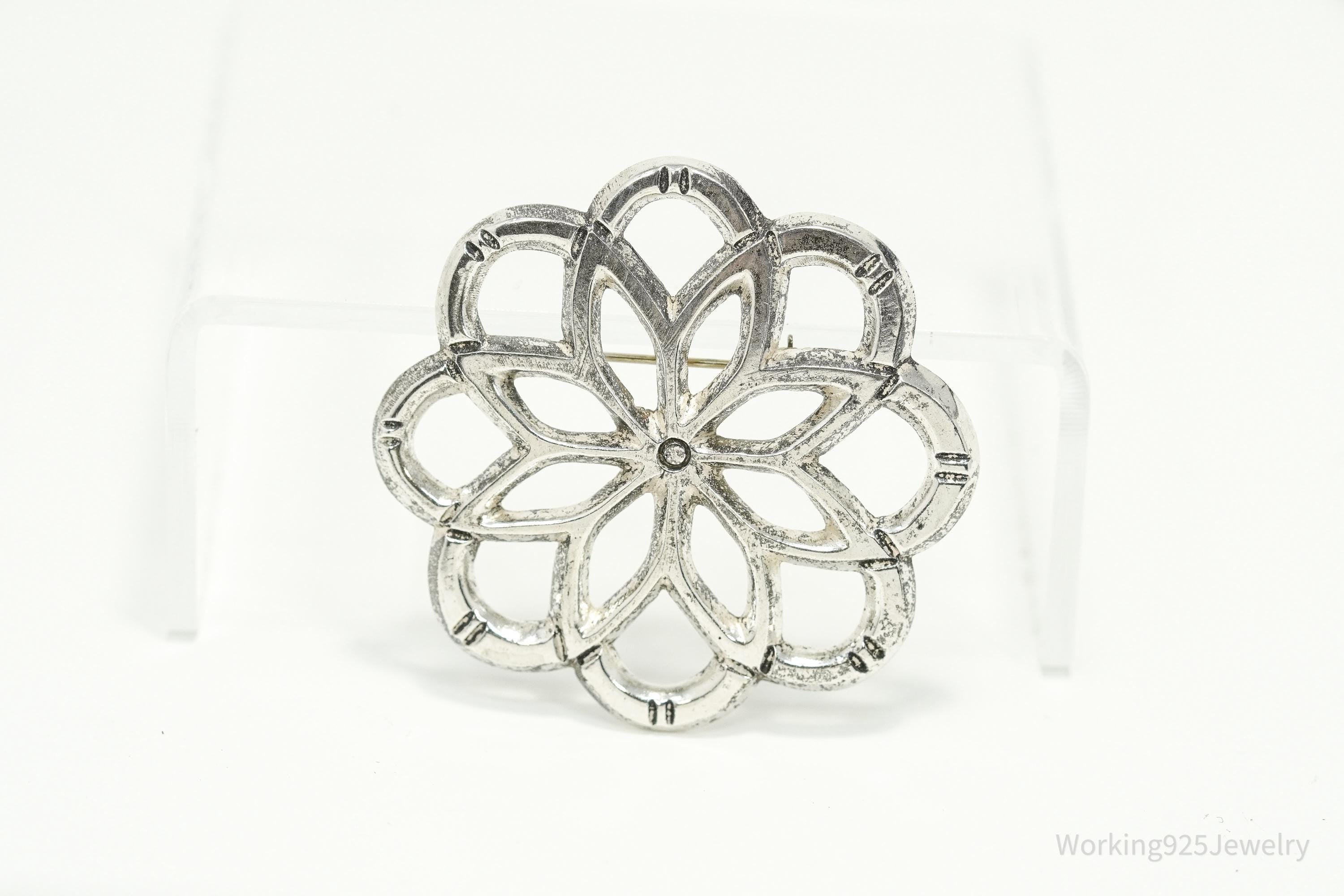 Large Vintage Flower Silver Brooch Pin 2"