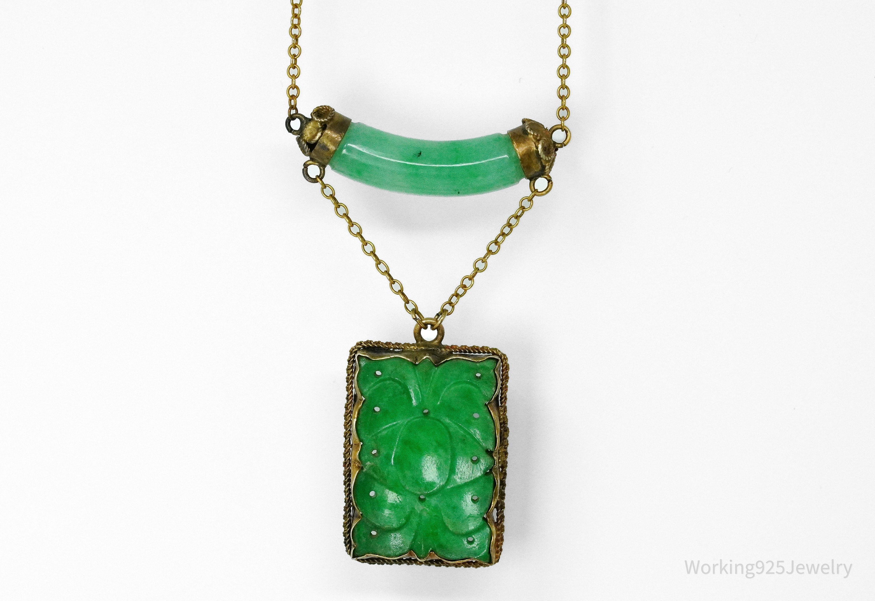 14K Yellow Gold & Carved Jadeite Jade Tablet Necklace 15"