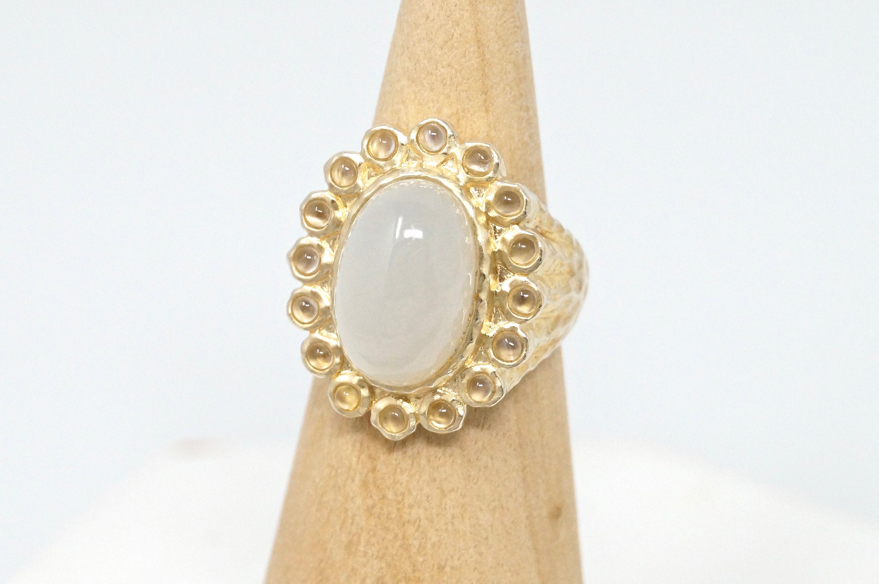 Vintage White Moonstone Gold Vermeil Hammered Style Ring Sterling Silver- Size 7