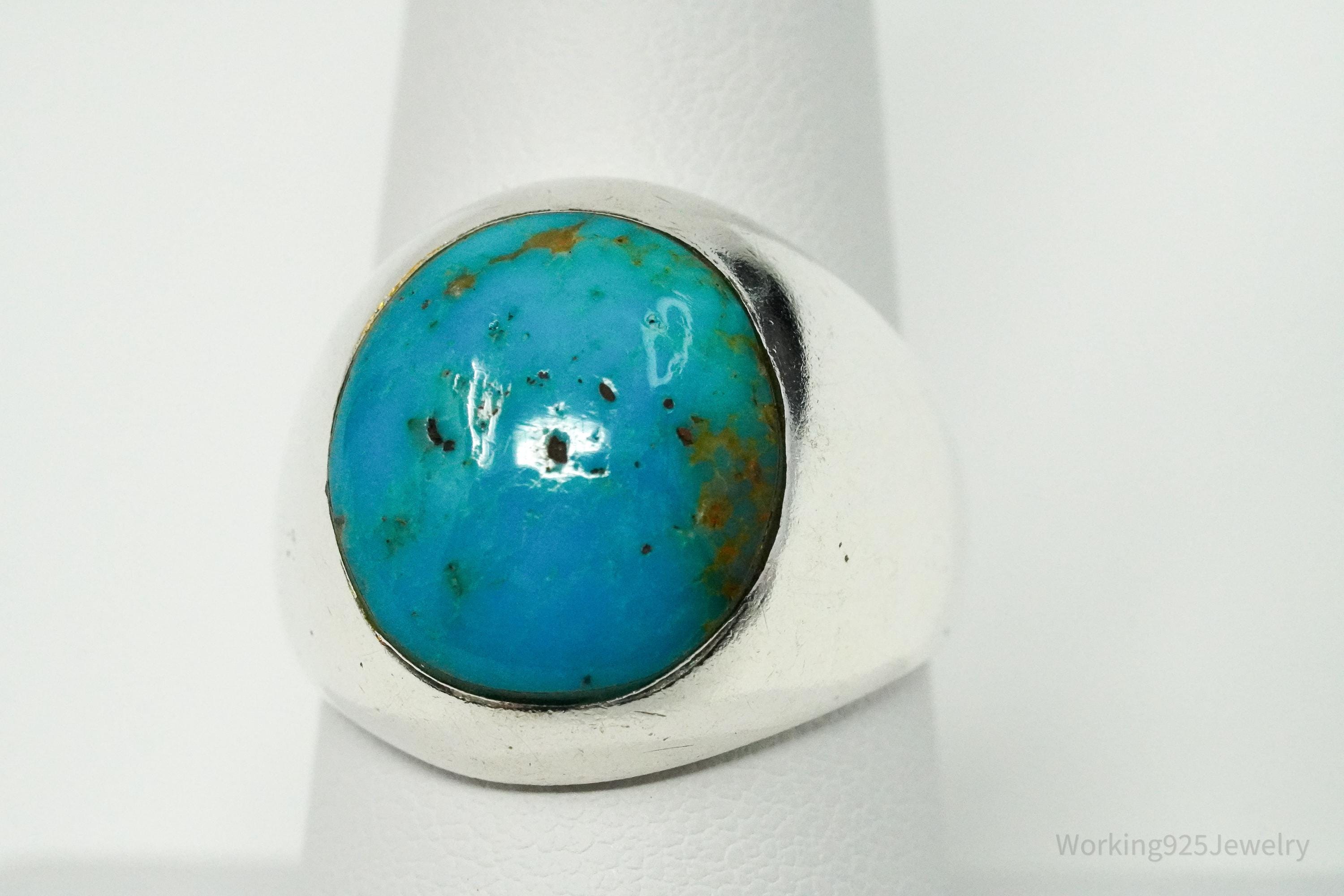 Vintage Blue Turquoise Inlay Silver Ring - Size 8.25