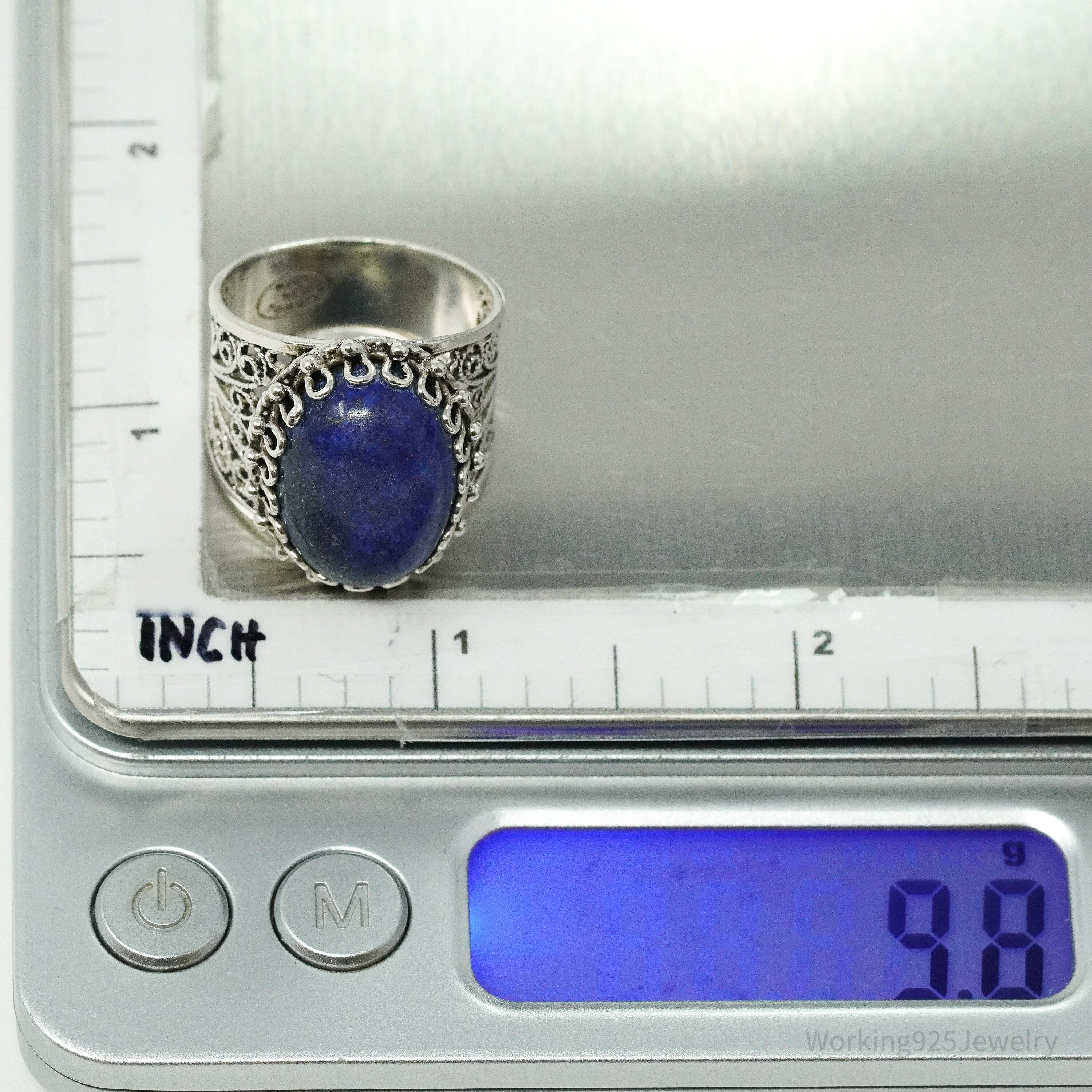 Vintage Designer DGS Lapis Lazuli Filigree Sterling Silver Ring - Size 9