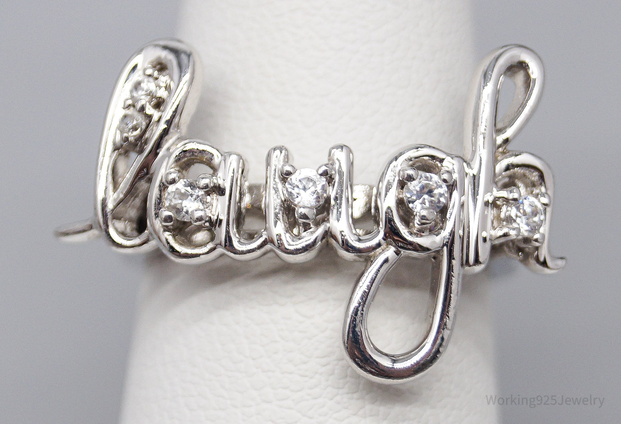 Vintage Cursive "Laugh" Cubic Zirconia Sterling Silver Ring - Size 7