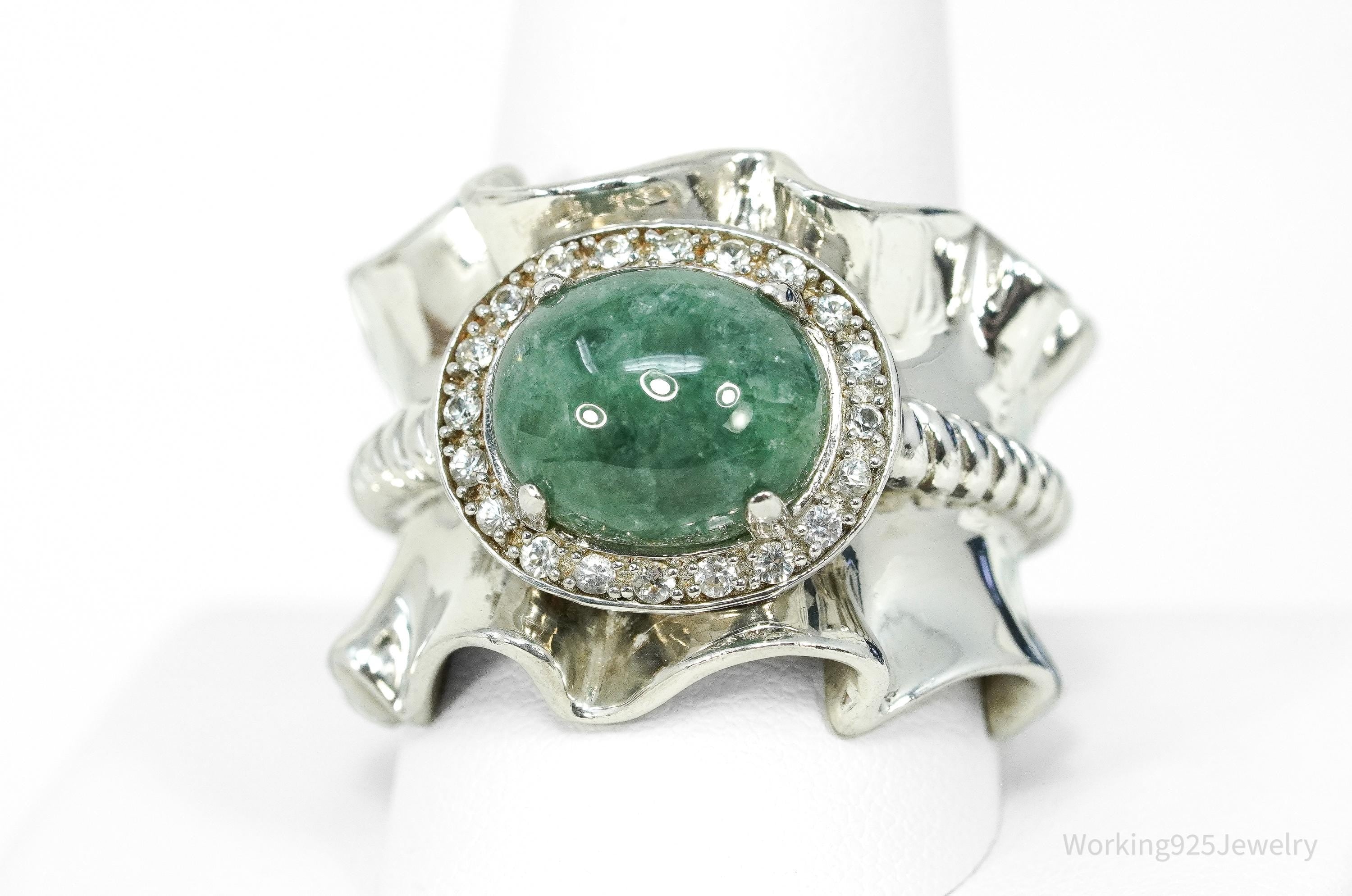 Michelle Albala Green Jadeite & White Topaz Sterling Silver Ring - Size 11.25
