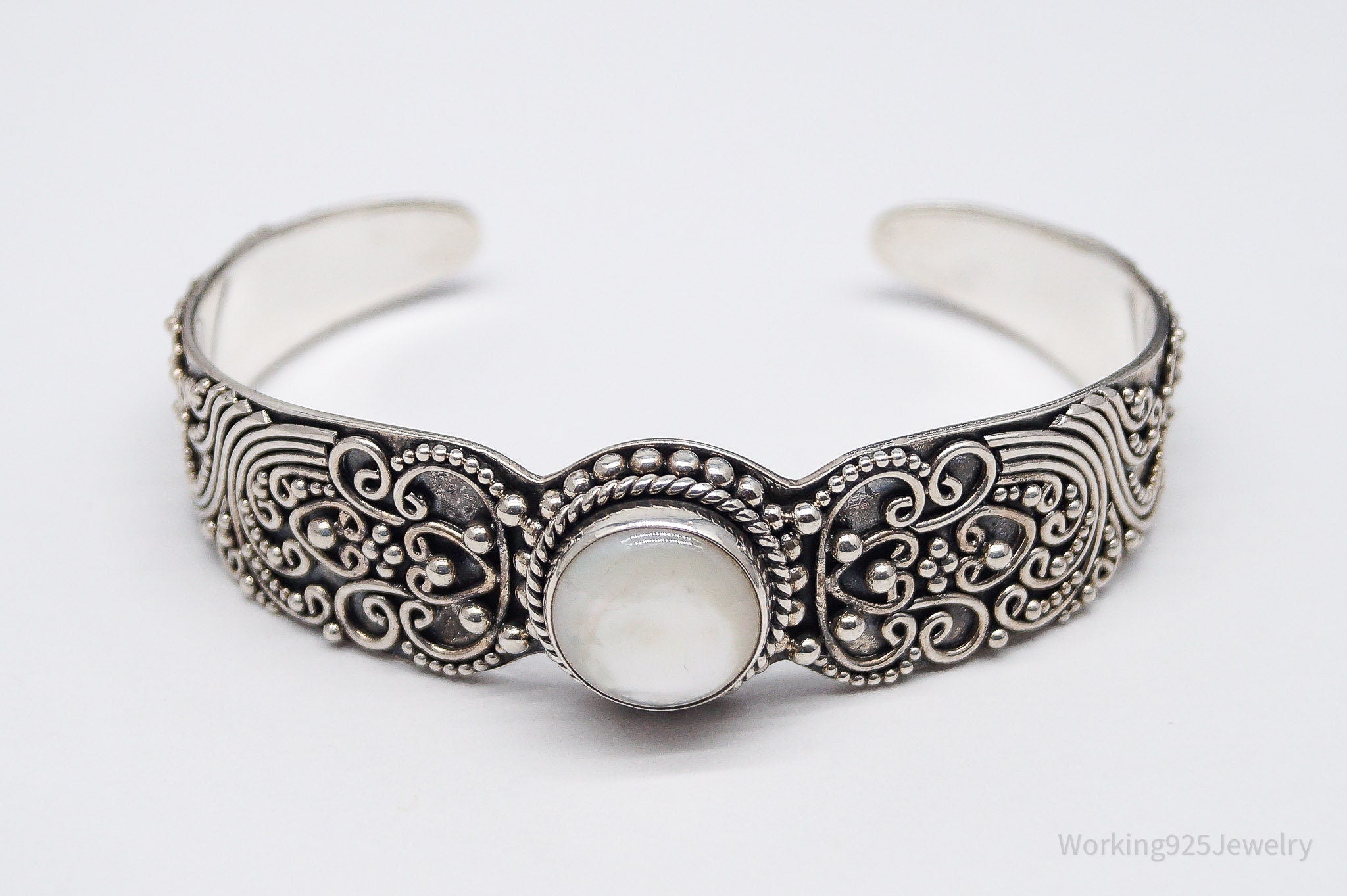 Vintage Designer BA Suarti Mother Of Pearl Sterling Silver Cuff Bracelet 7.25"