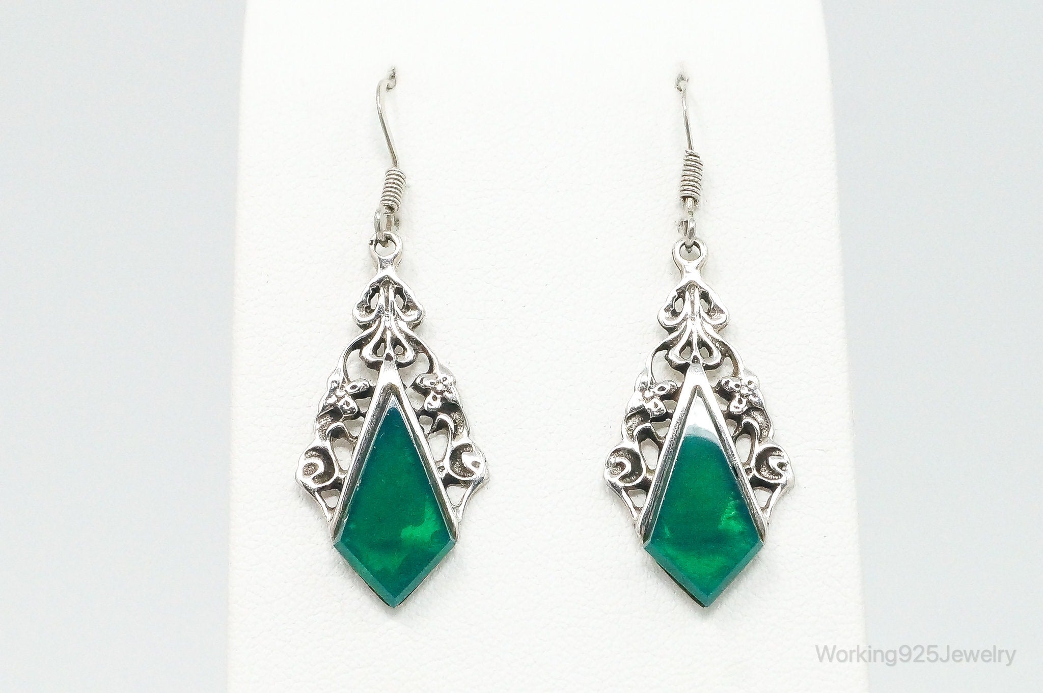 Vintage Green Onyx Art Nouveau Vines Sterling Silver Earrings