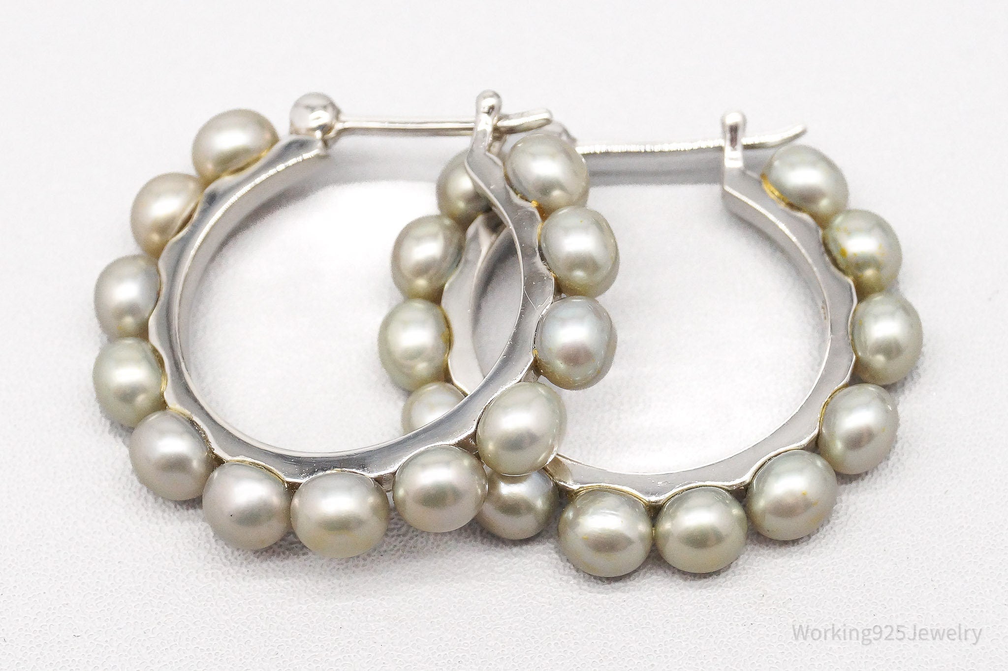 Vintage Pearl Sterling Silver Hoop Earrings