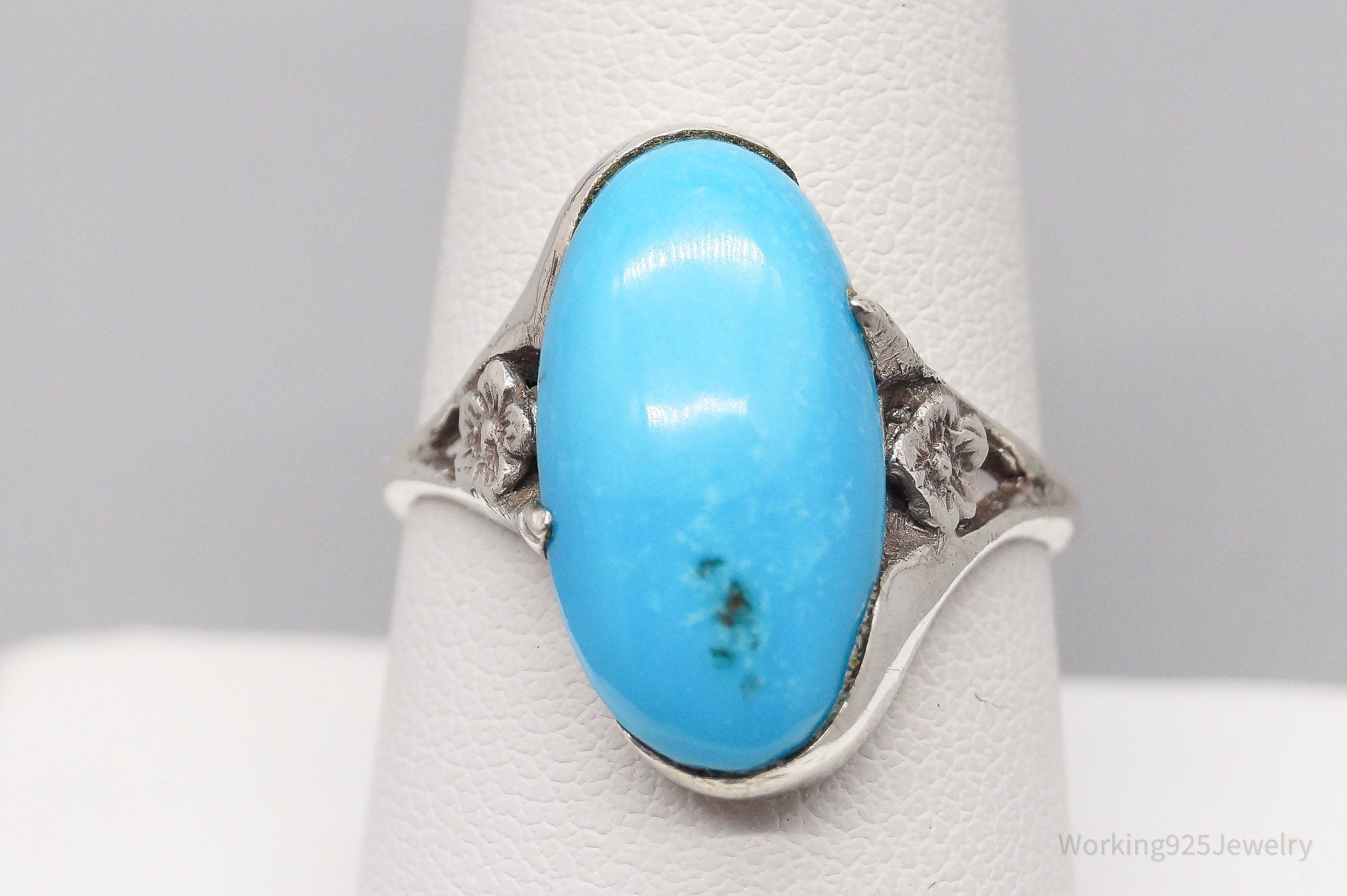 Vintage Native American Turquoise & Flowers Sterling Silver Ring - Size 8.75