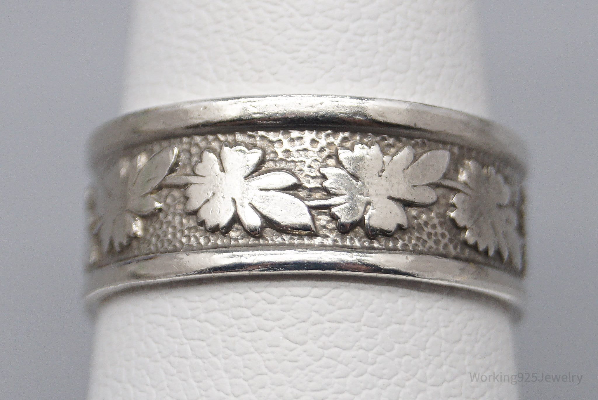 Vintage ESPO Leaves Pattern Sterling Silver Band Ring - Size 7.25