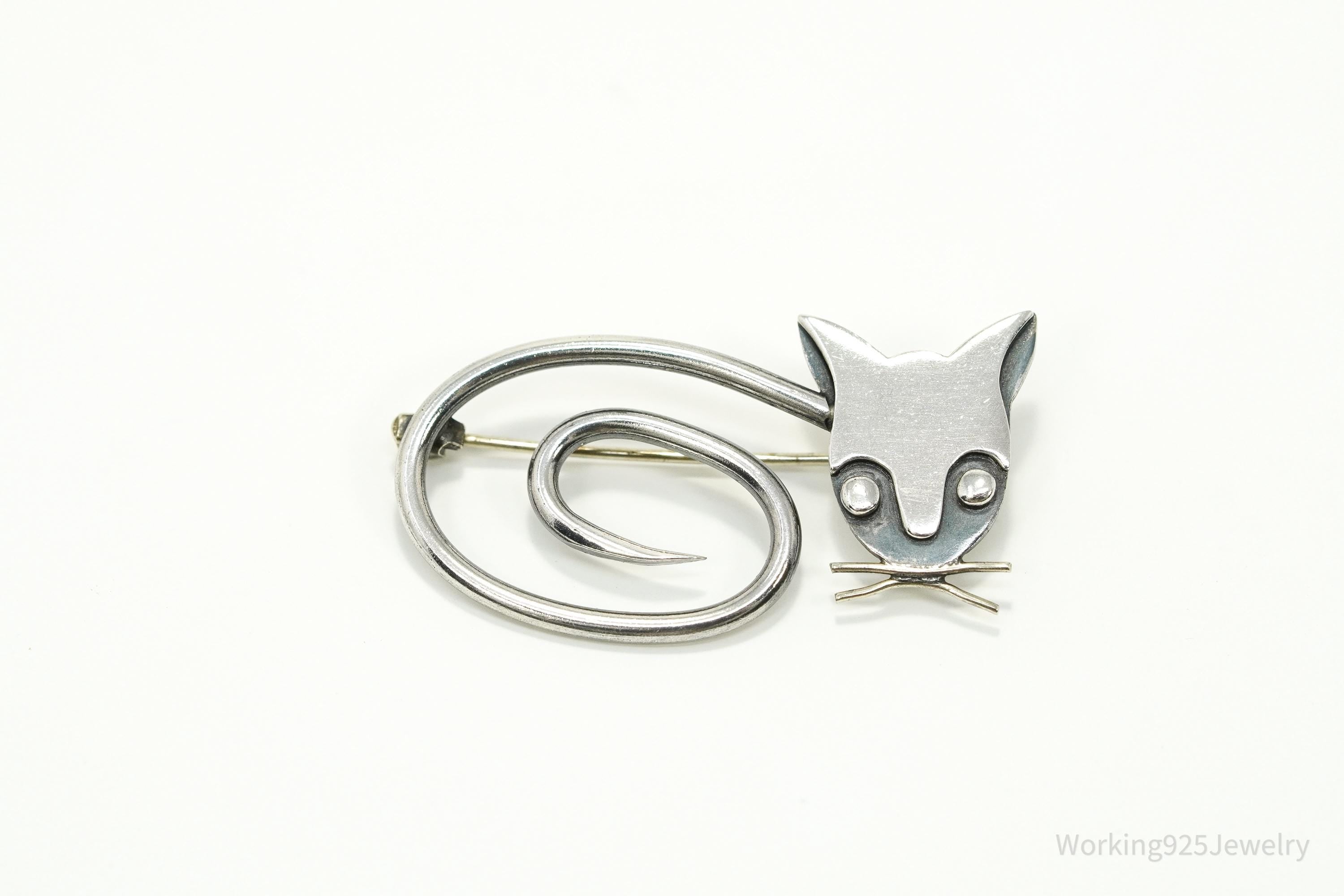 Vintage Taxco Designer DELFINO Abstract Cat Sterling Silver Brooch Pin 1.75"