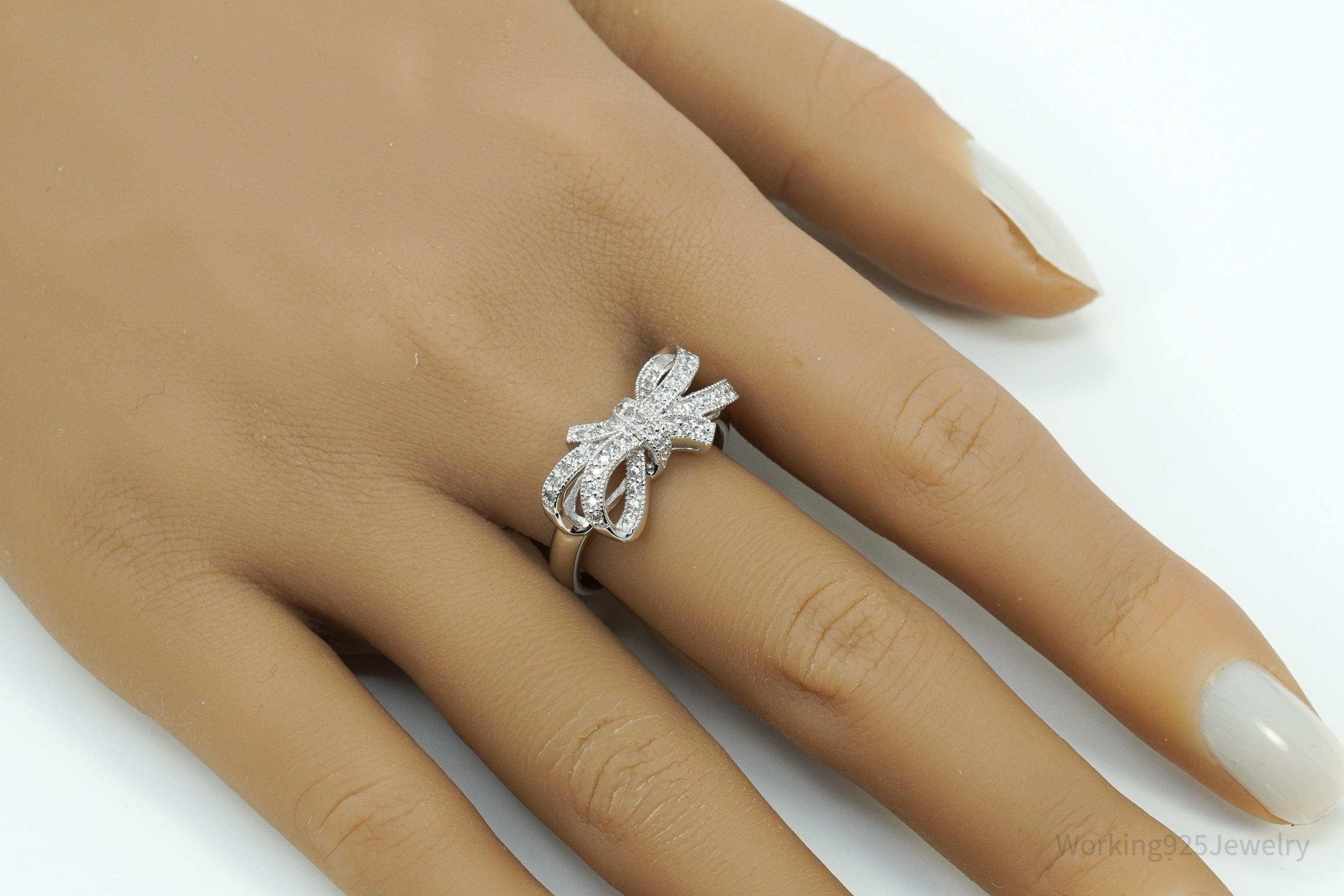 Vintage Cubic Zirconia Bow Sterling Silver Ring - Size 8.75