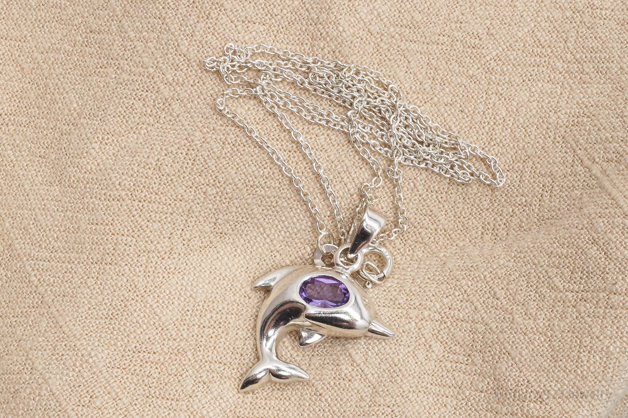 Vintage Amethyst Dolphin Sterling Silver Necklace 18"