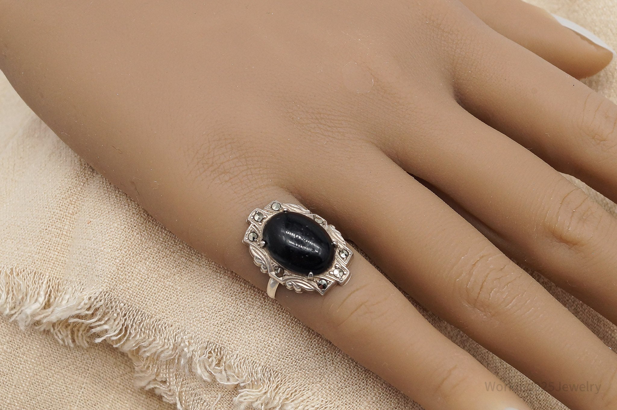 Antique Art Deco Black Onyx Marcasite Sterling Silver Ring - Size 5