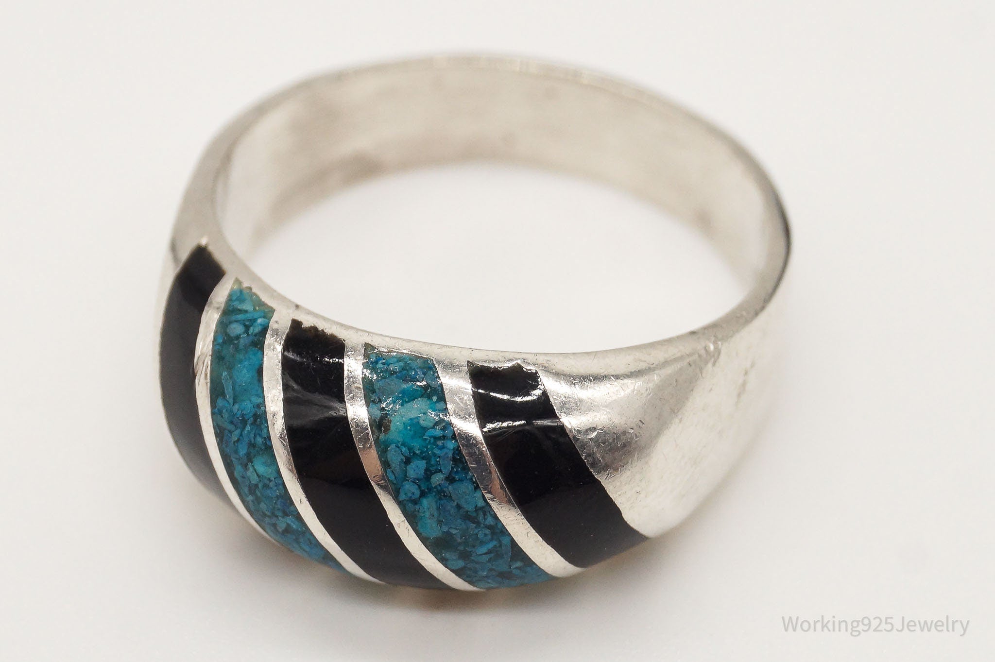 Vintage Mexico Blue Turquoise & Black Enamel Sterling Silver Ring - SZ 11.5