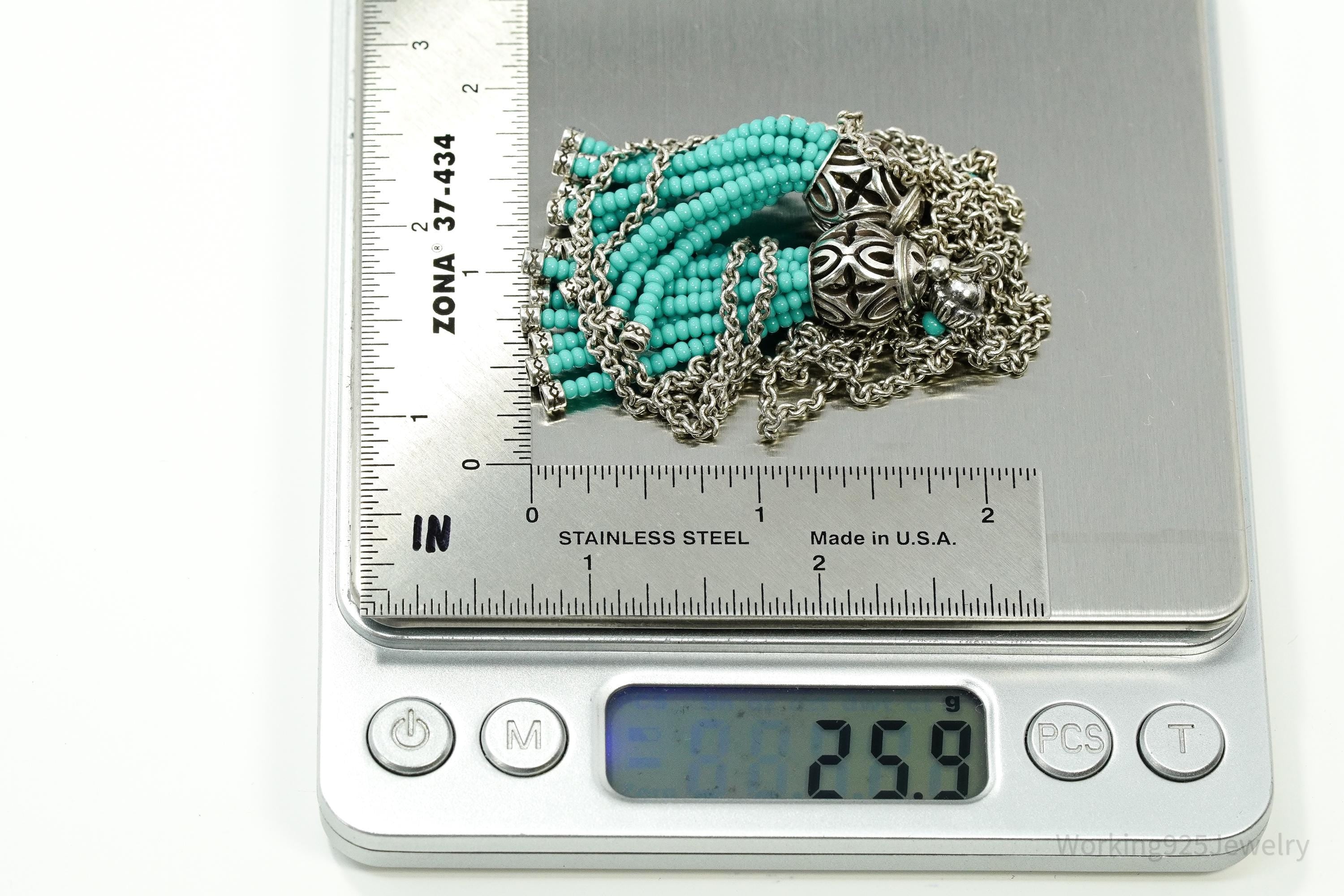 Long Vintage Turquoise Beaded Silver Chain Necklace 44"