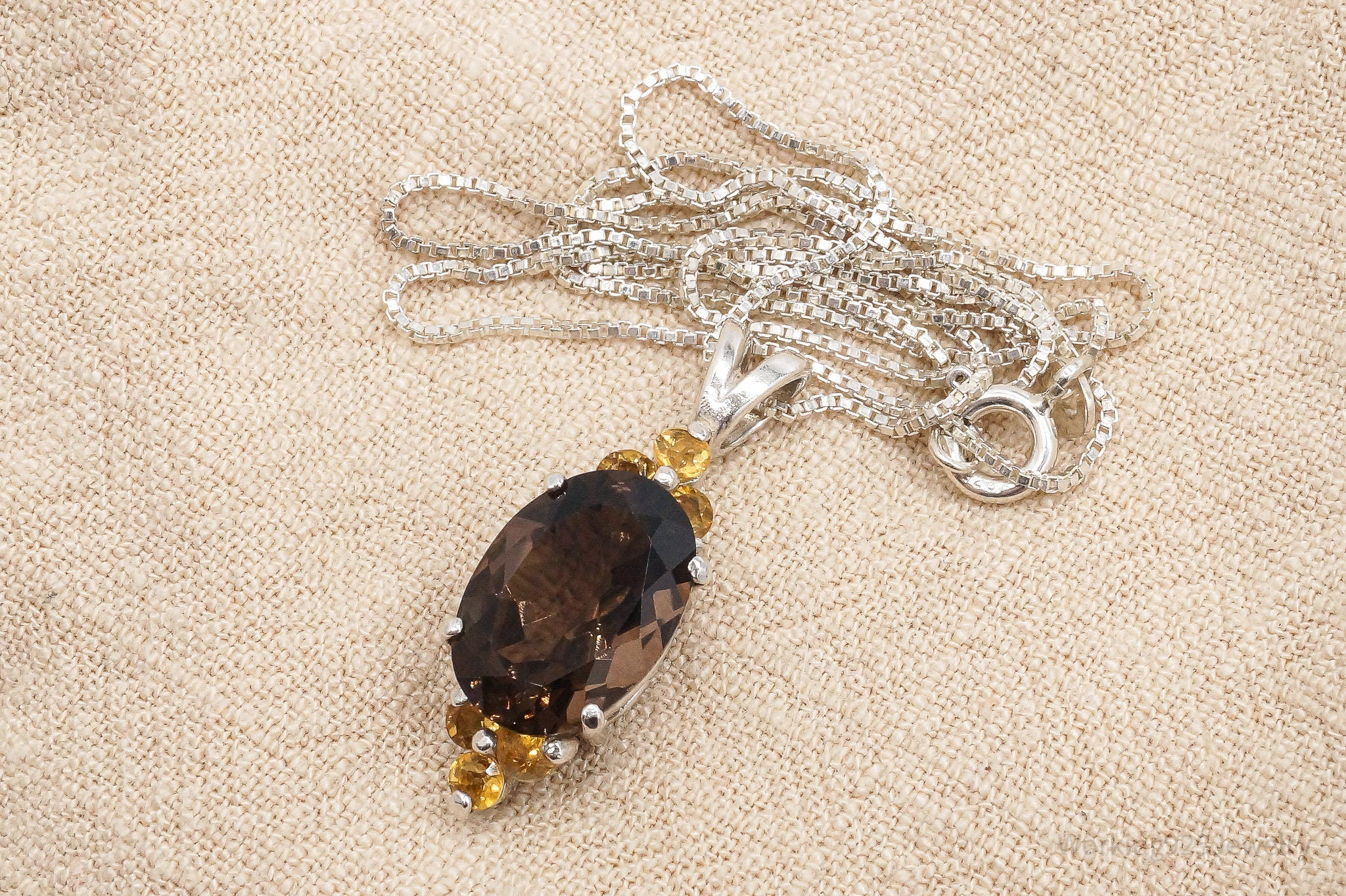 Vintage Smoky Topaz Citrine Art Deco Sterling Silver Necklace 18"